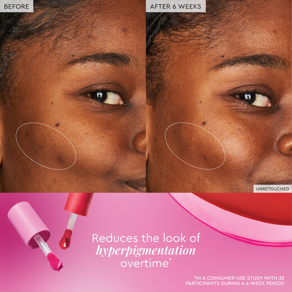 A before-and-after graphic layers a brightening claim over bare skin next to cheeks flushed with Dragon Fruit Flush.