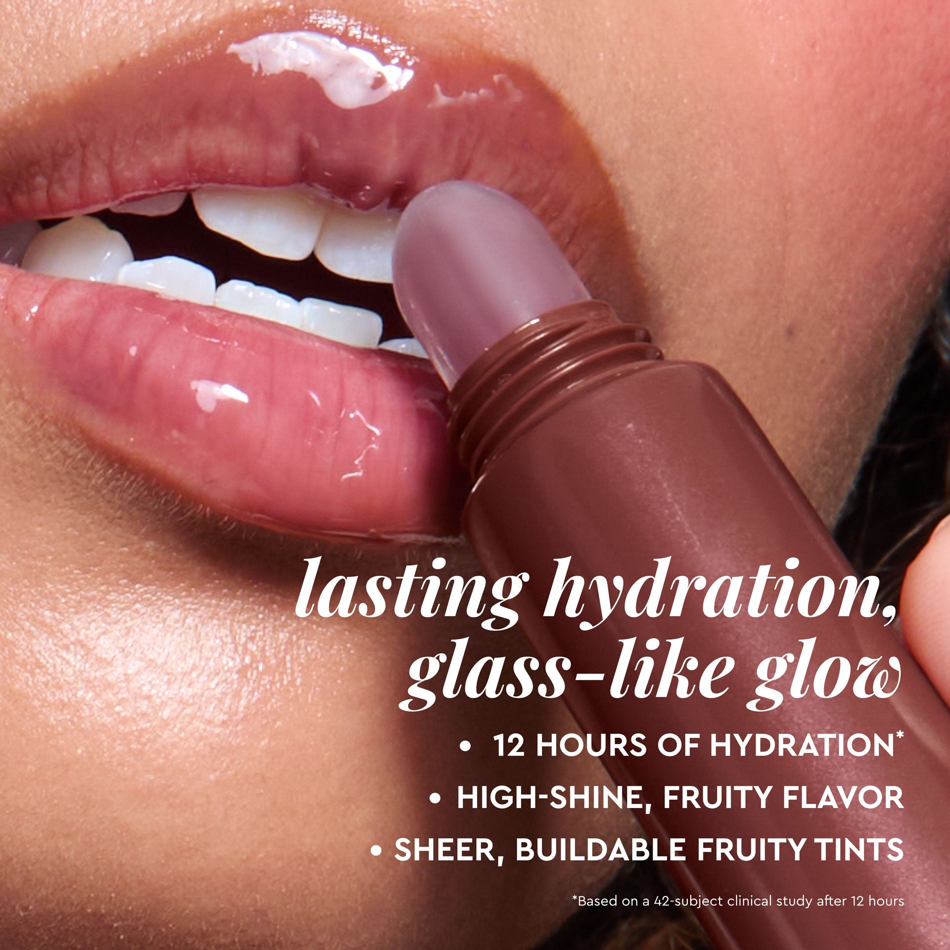 Benefit infographic for Glass Balm in Coconut Bingsoo detailing the smoothing and glass-like glow results.