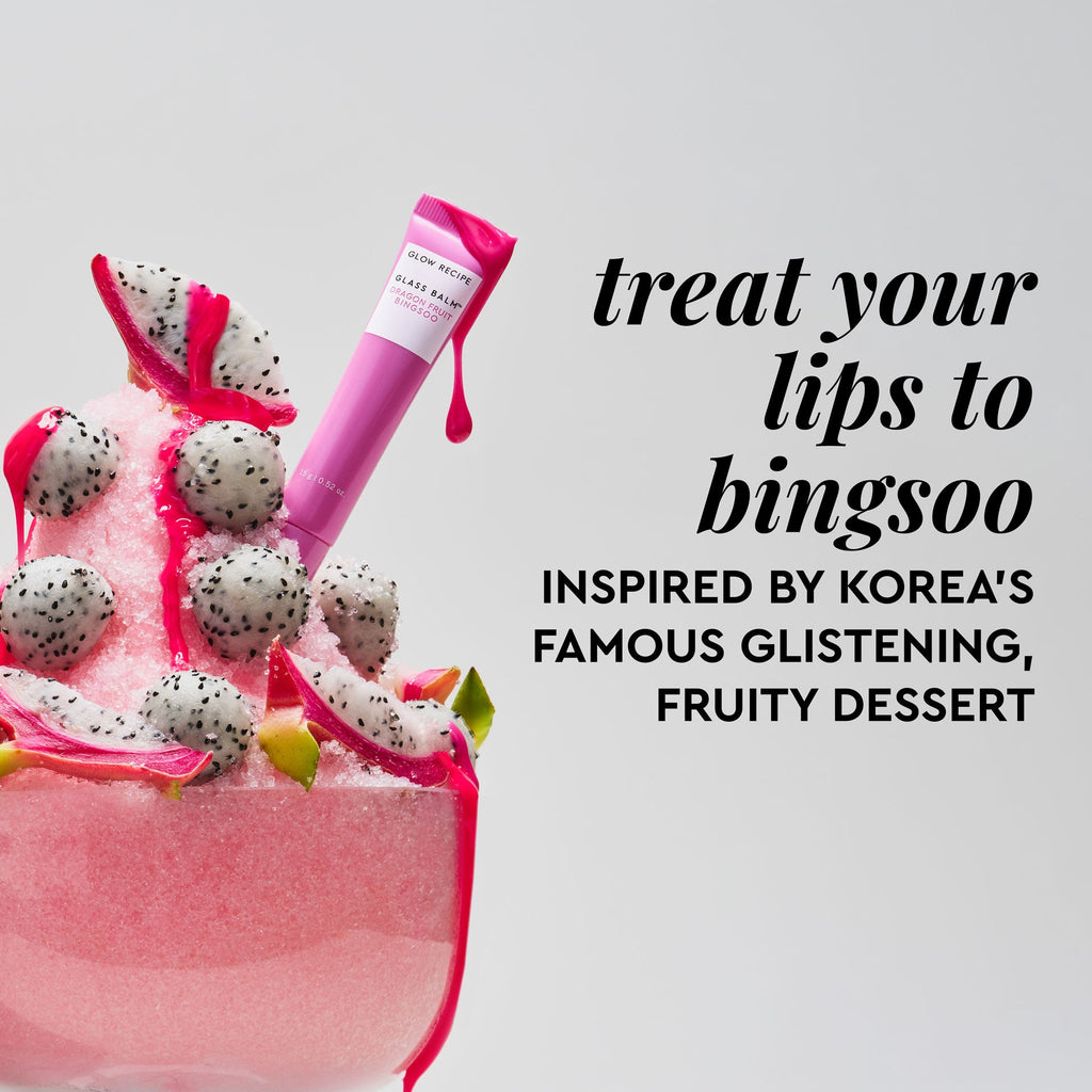 Graphic illustrating fresh dragon fruit being treated into Bingsoo dessert, next to the Glass Balm tube.