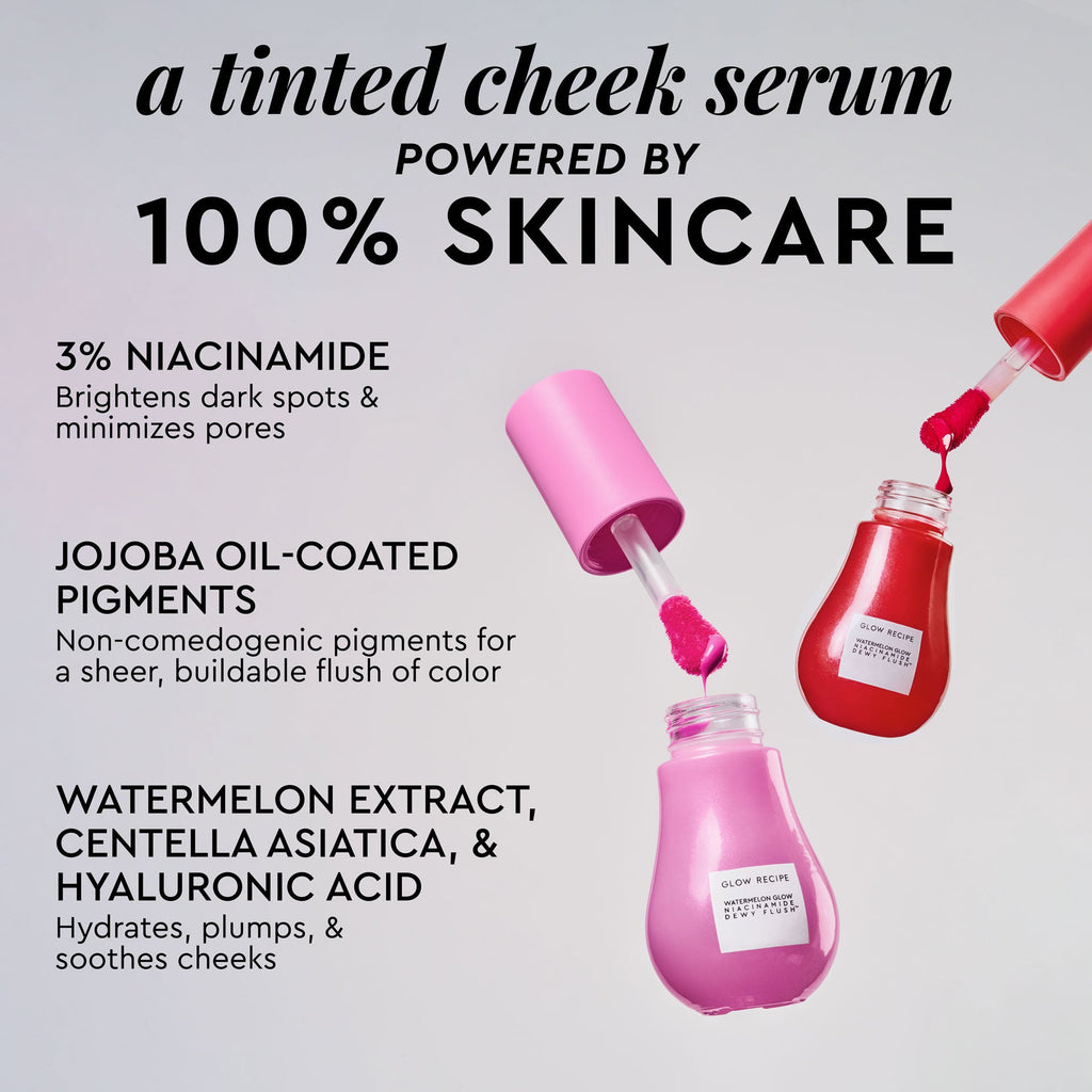 Glow Recipe Dewy Flush ingredient infographic from the Lip & Cheek Kit highlighting the skincare actives in the tint.
