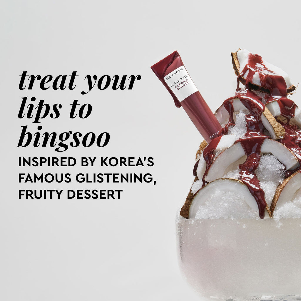 Bingsoo dessert-inspired graphic paired with Glass Balm in Coconut Bingsoo, the sheer cool-brown tinted balm.