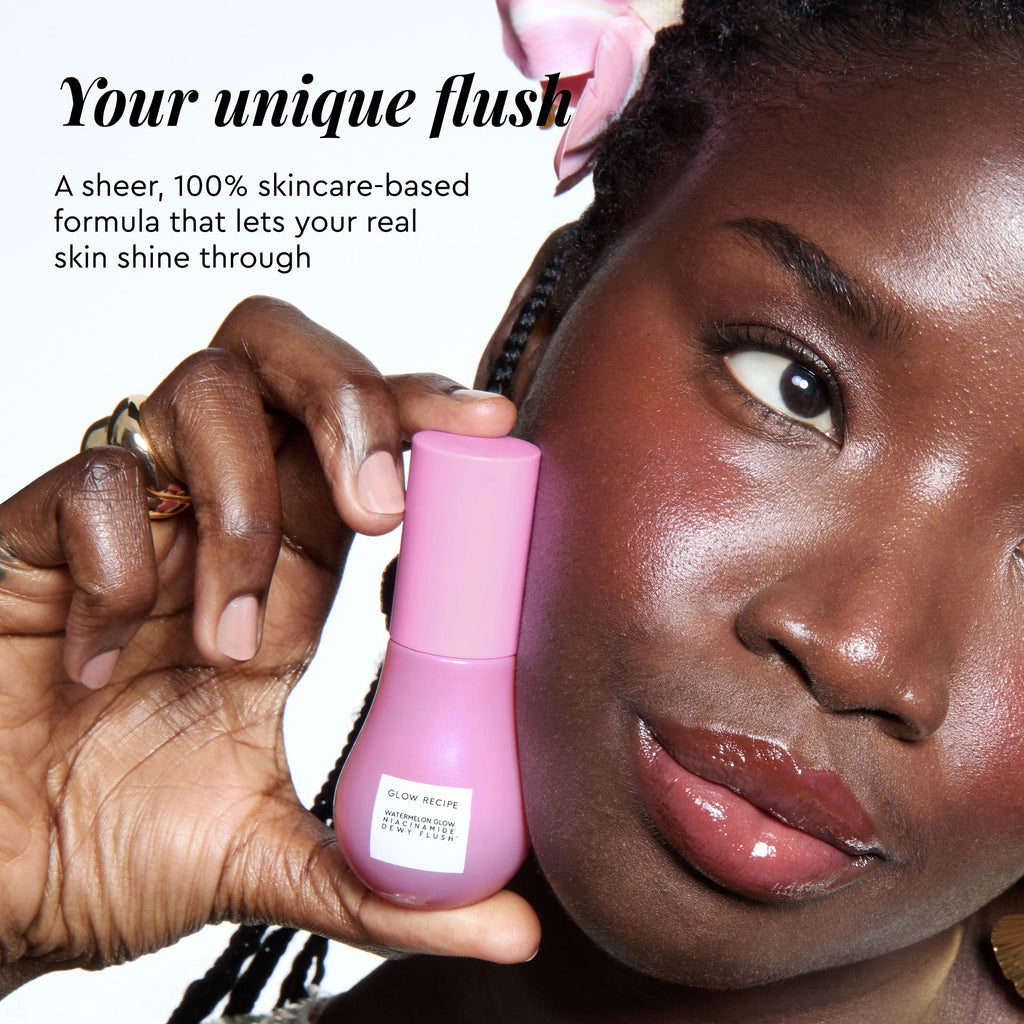 A follow-up education panel details finger-tapping tips for blending Dragon Fruit Flush evenly into cheeks.