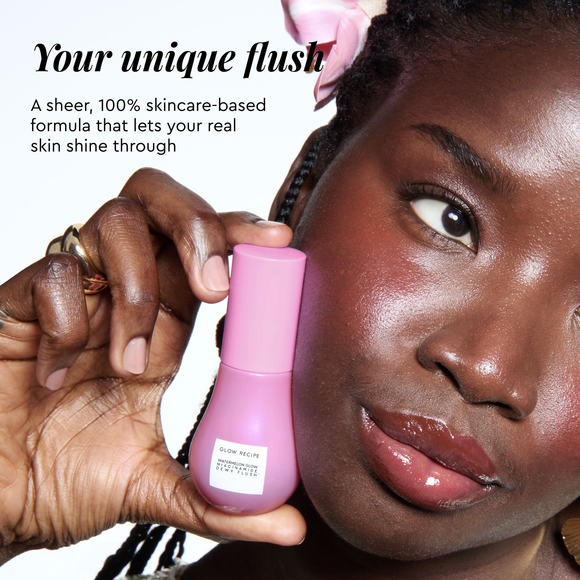 A follow-up education panel details finger-tapping tips for blending Dragon Fruit Flush evenly into cheeks.