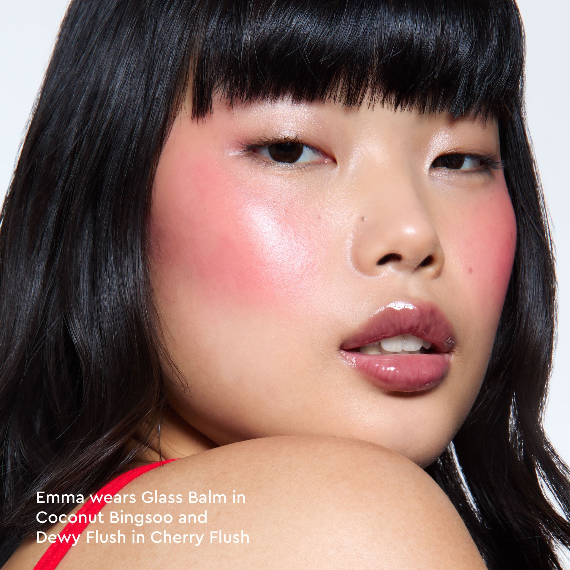 Second model shot wearing Glass Balm in Coconut Bingsoo, highlighting the glossy cool-brown finish.