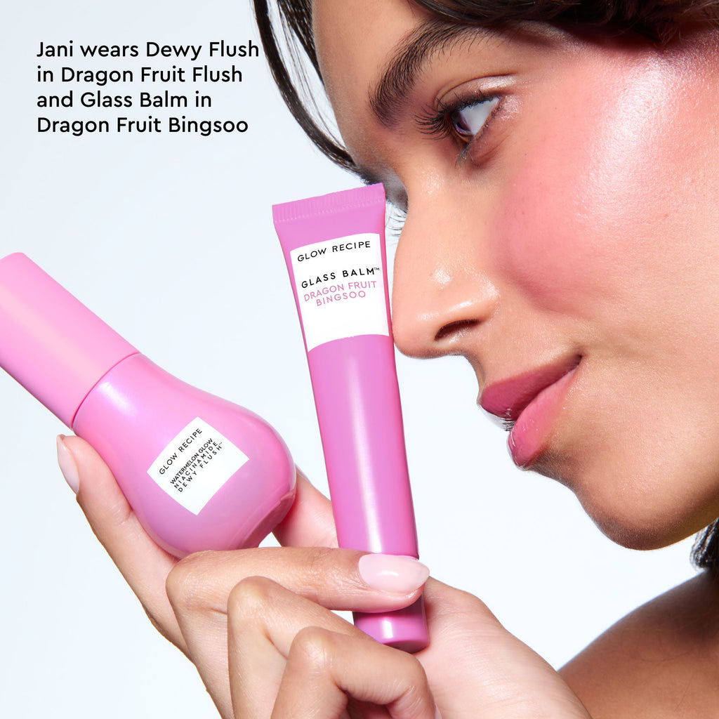 A different close-up captures Dragon Fruit Flush freshly applied and blending into a model's cheek.