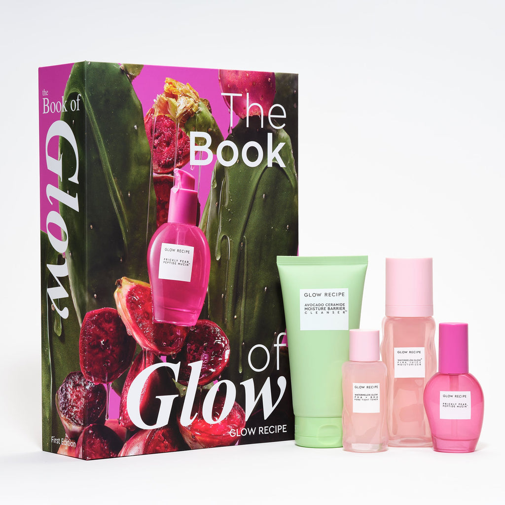 Glow Recipe skincare products and 'The Book of Glow' packaging on a white background