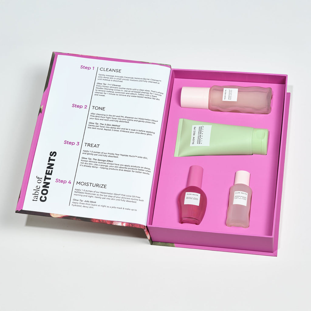 Pink skincare product set with step-by-step guide on a white background