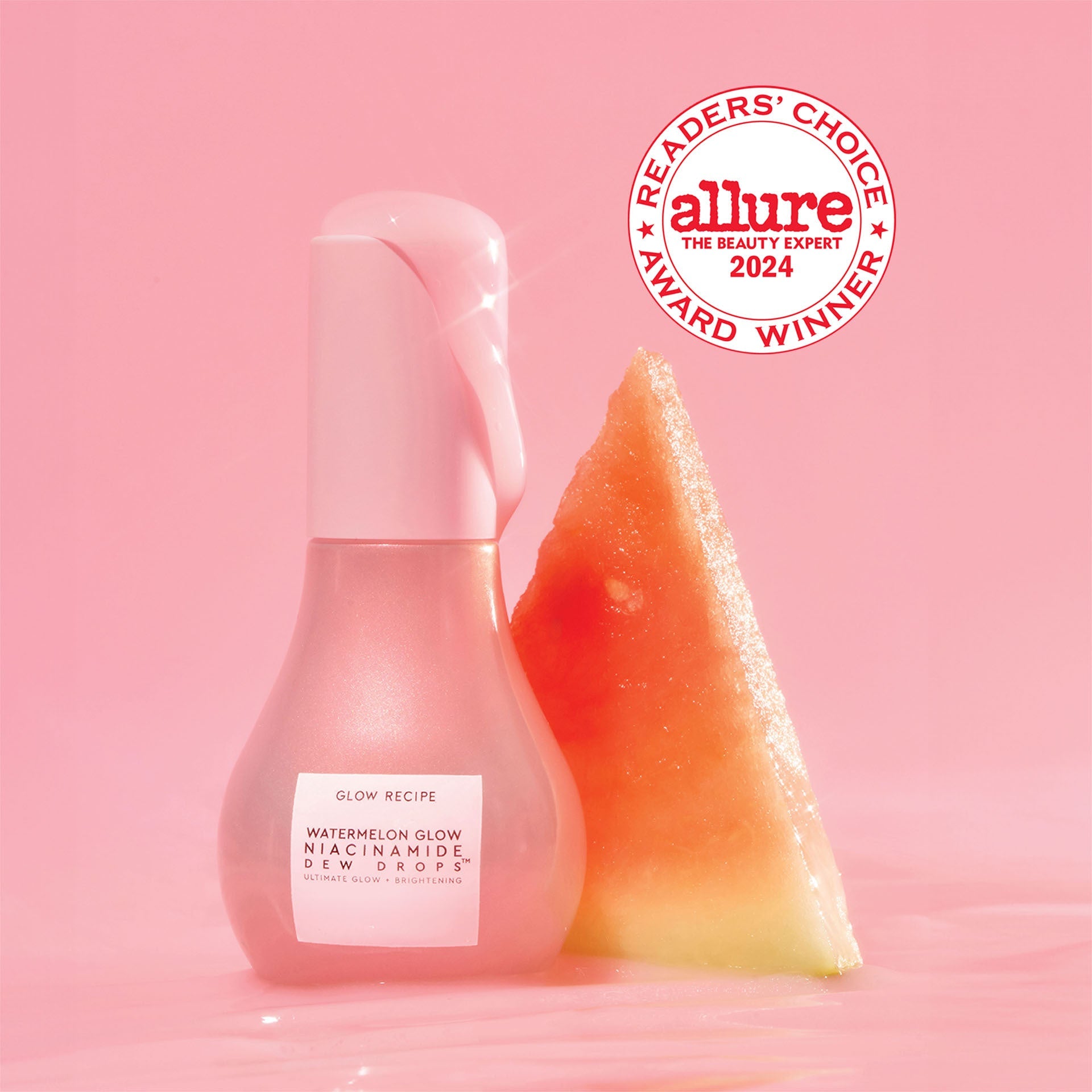 Full-size bottle of Glow Recipe Watermelon Glow Niacinamide Dew Drops, the brightening highlighter serum hero shot.