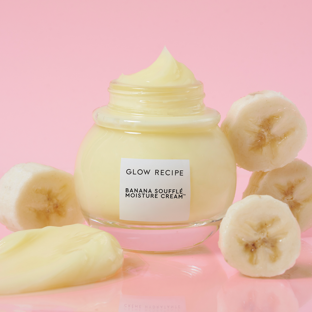 Glow Recipe Banana Souffle Moisture Cream shown alongside its banana-scented lip launch companion product.