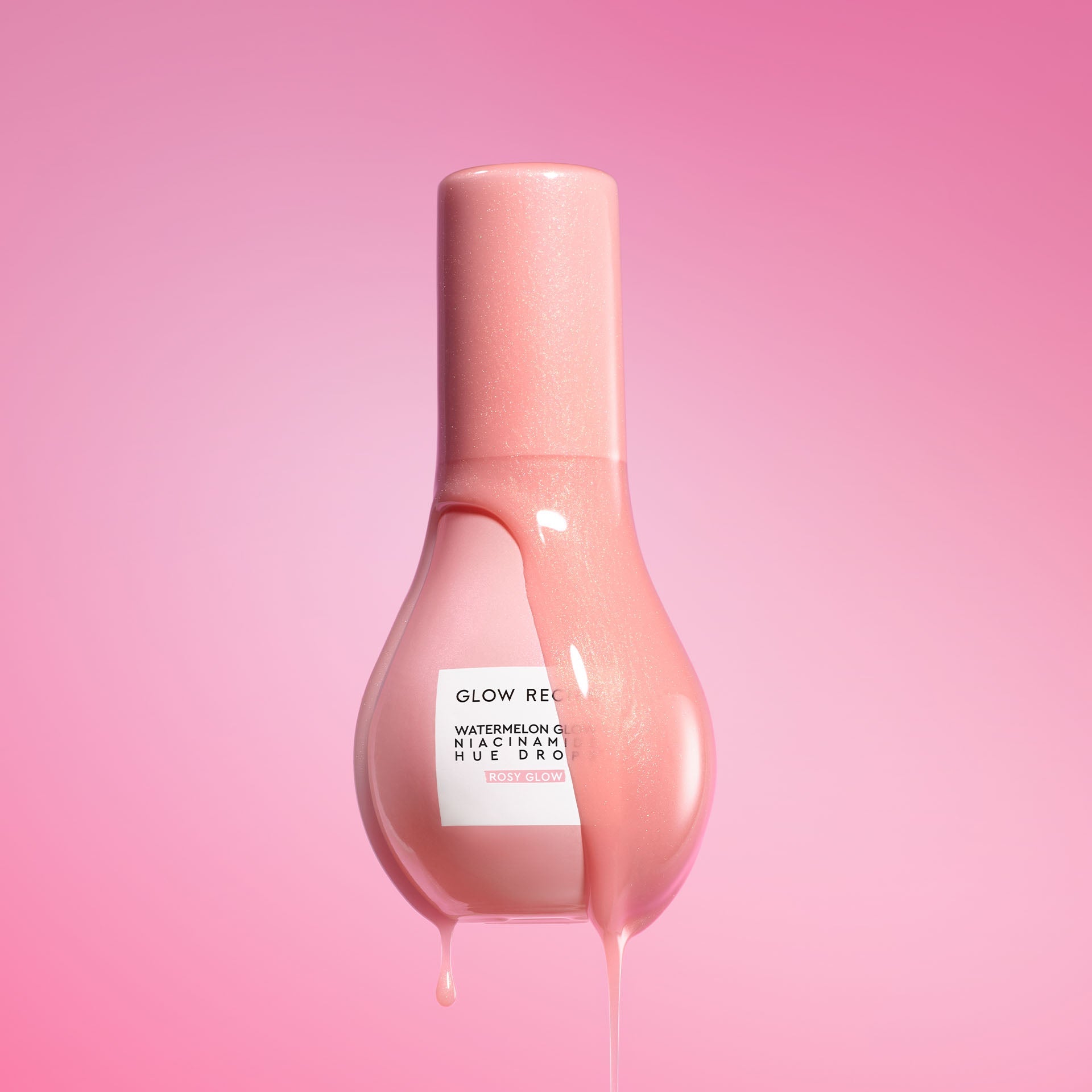 Watermelon Glow Niacinamide Hue Drops in Rosy Glow shade, showing its soft pink, illuminating finish.