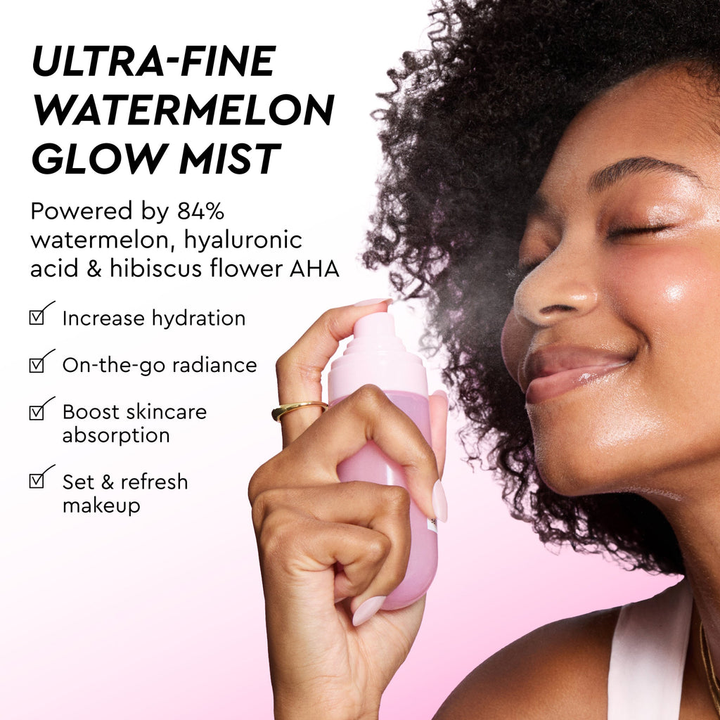Glow Recipe Watermelon Glow Best-Sellers Kit infographic showing the dewy, glowing finish achieved with the full routine.
