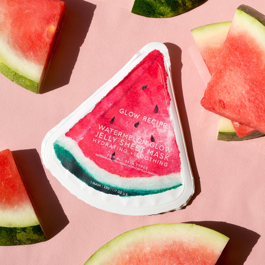 Glow Recipe Watermelon Glow Jelly Sheet Mask, two-piece hydrogel mask soaked in watermelon serum