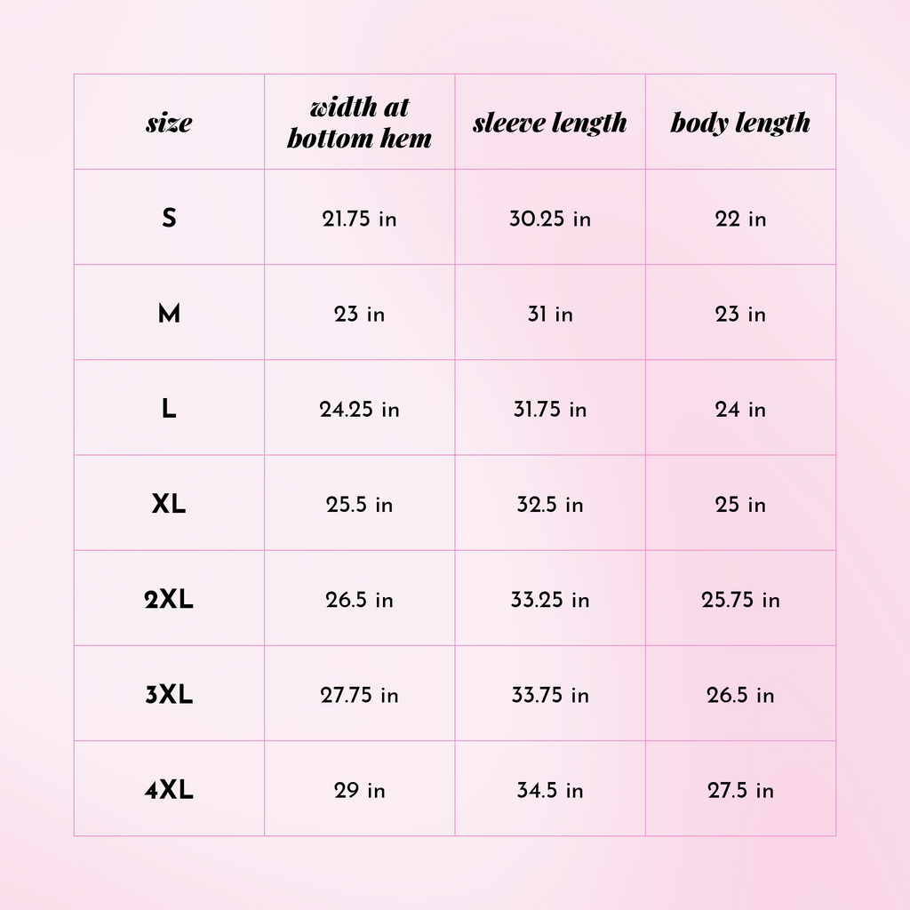 Size guide on pink background.