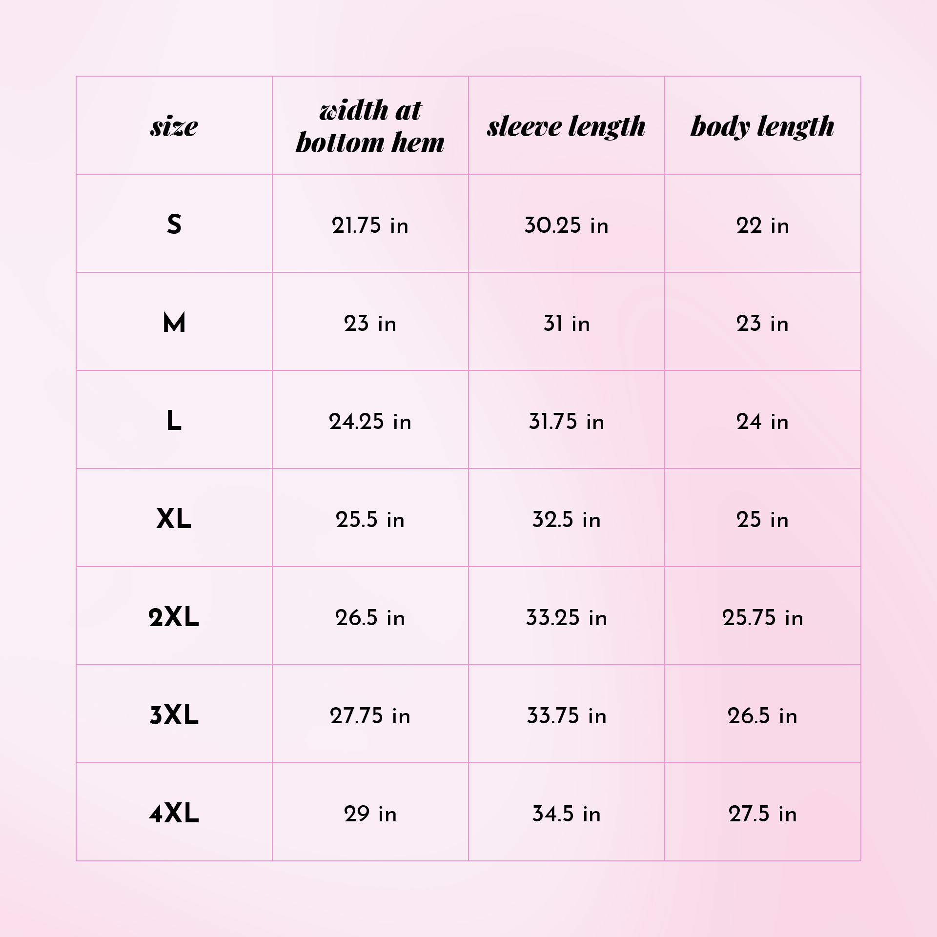 Size guide on pink background.