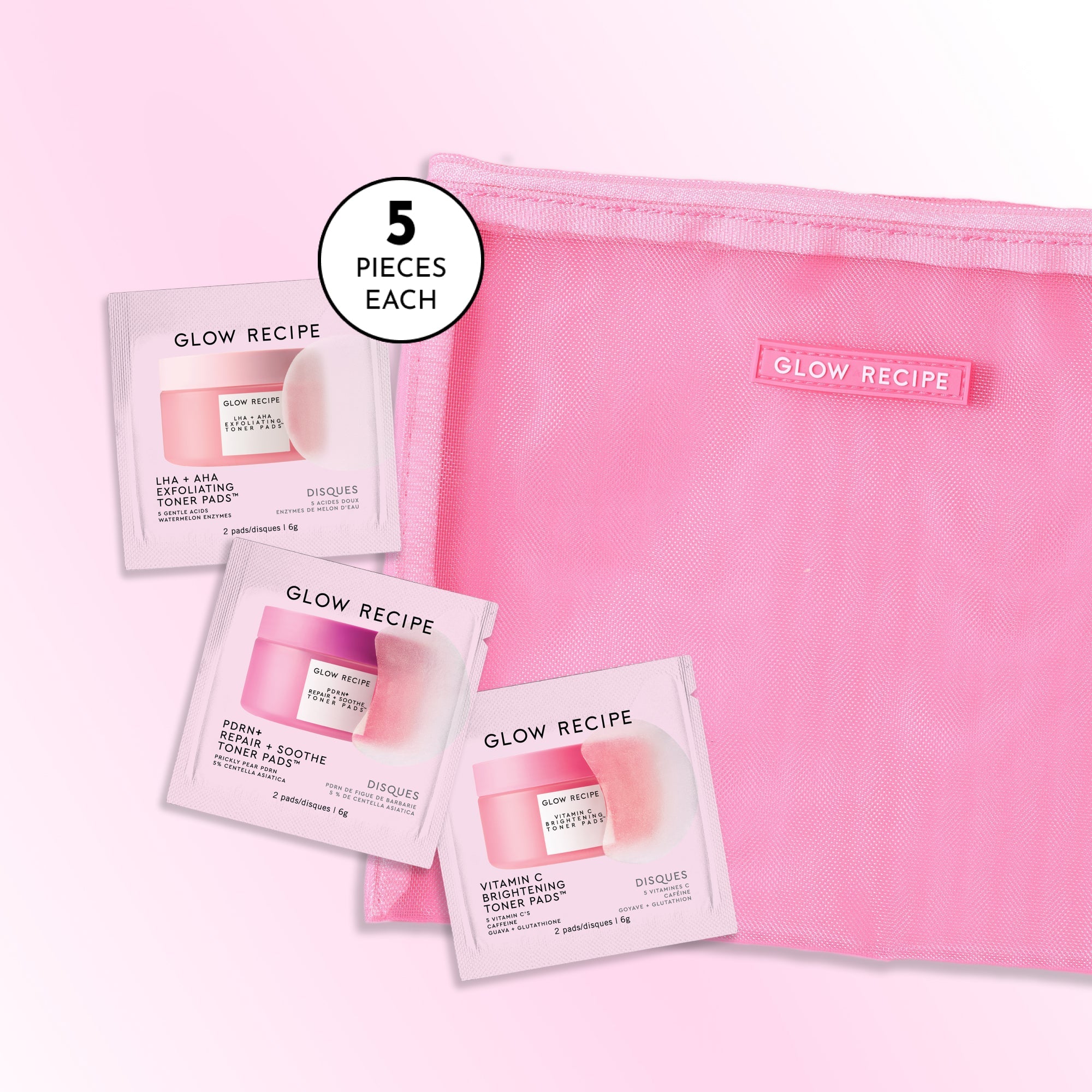 Glow Recipe Korean Toner Pad Trial & Travel Kit with pink mesh zip pouch and 15 toner pad sachets