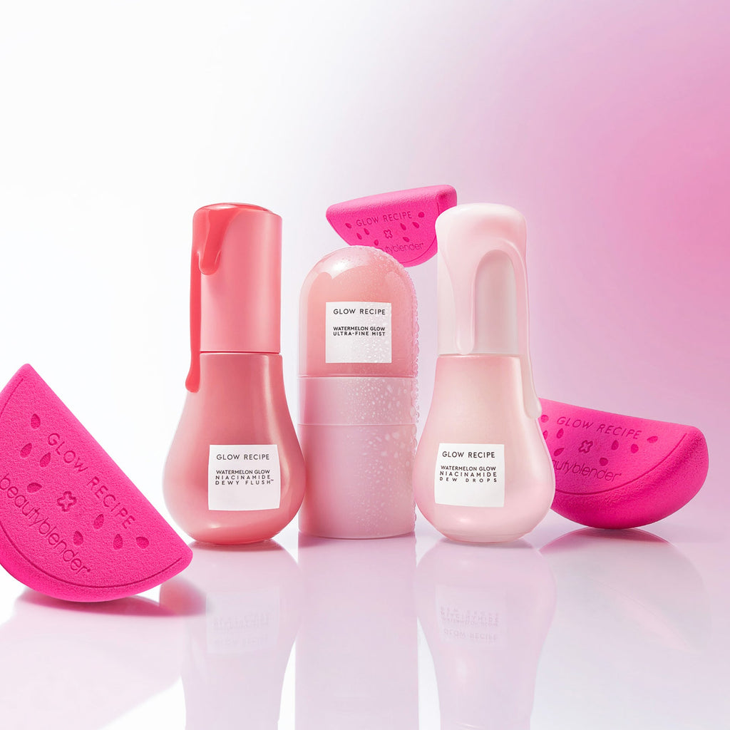 Glow Recipe Watermelon Glow Best-Sellers Kit flat lay of the Dew Drops, Dewy Flush, Mist, and Beautyblender together.