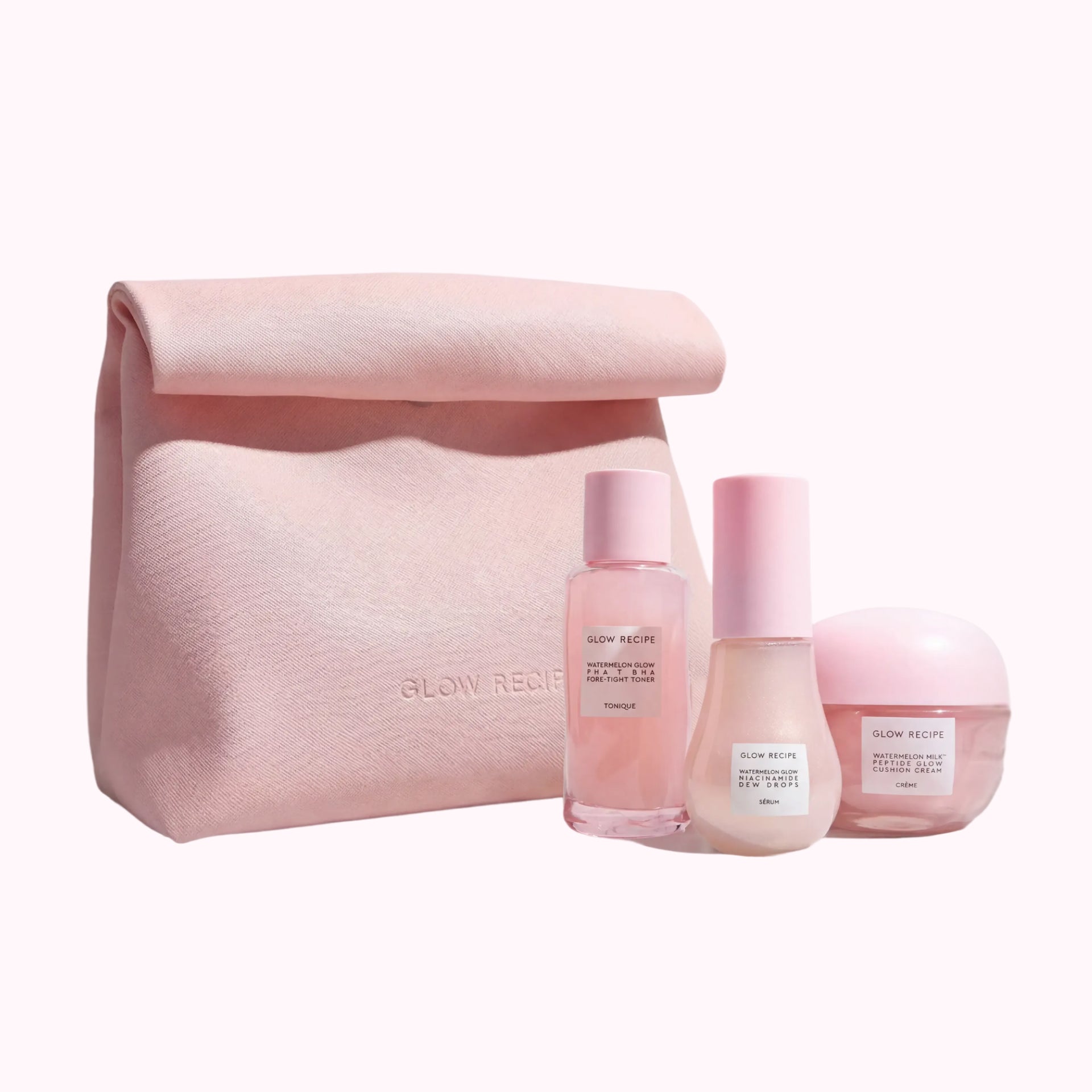Glow Recipe Glass Skin Roll Bag Kit with toner, Dew Drops, cushion cream, and pink saffiano roll bag