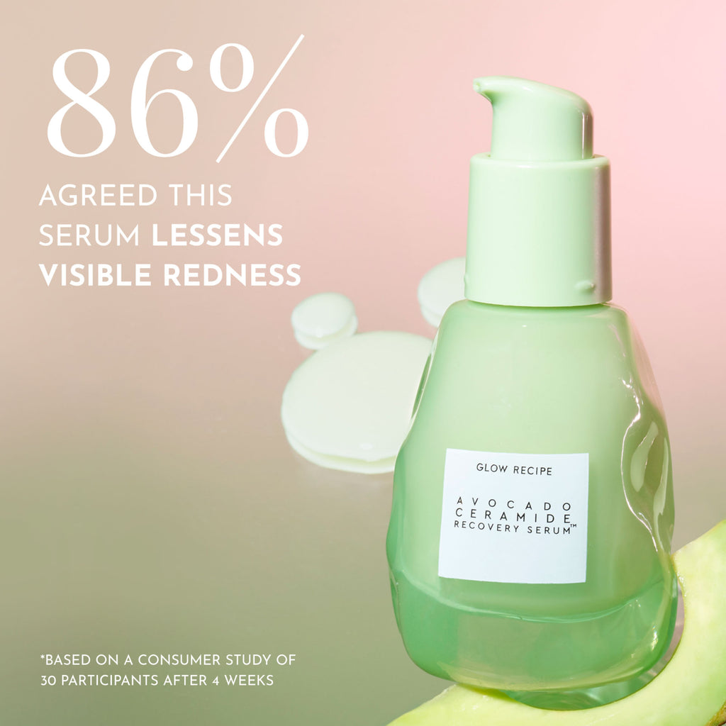 Glow Recipe Avocado Ceramide Recovery Serum bottle shown with its lightweight milky texture designed to calm sensitive, redness-prone skin.