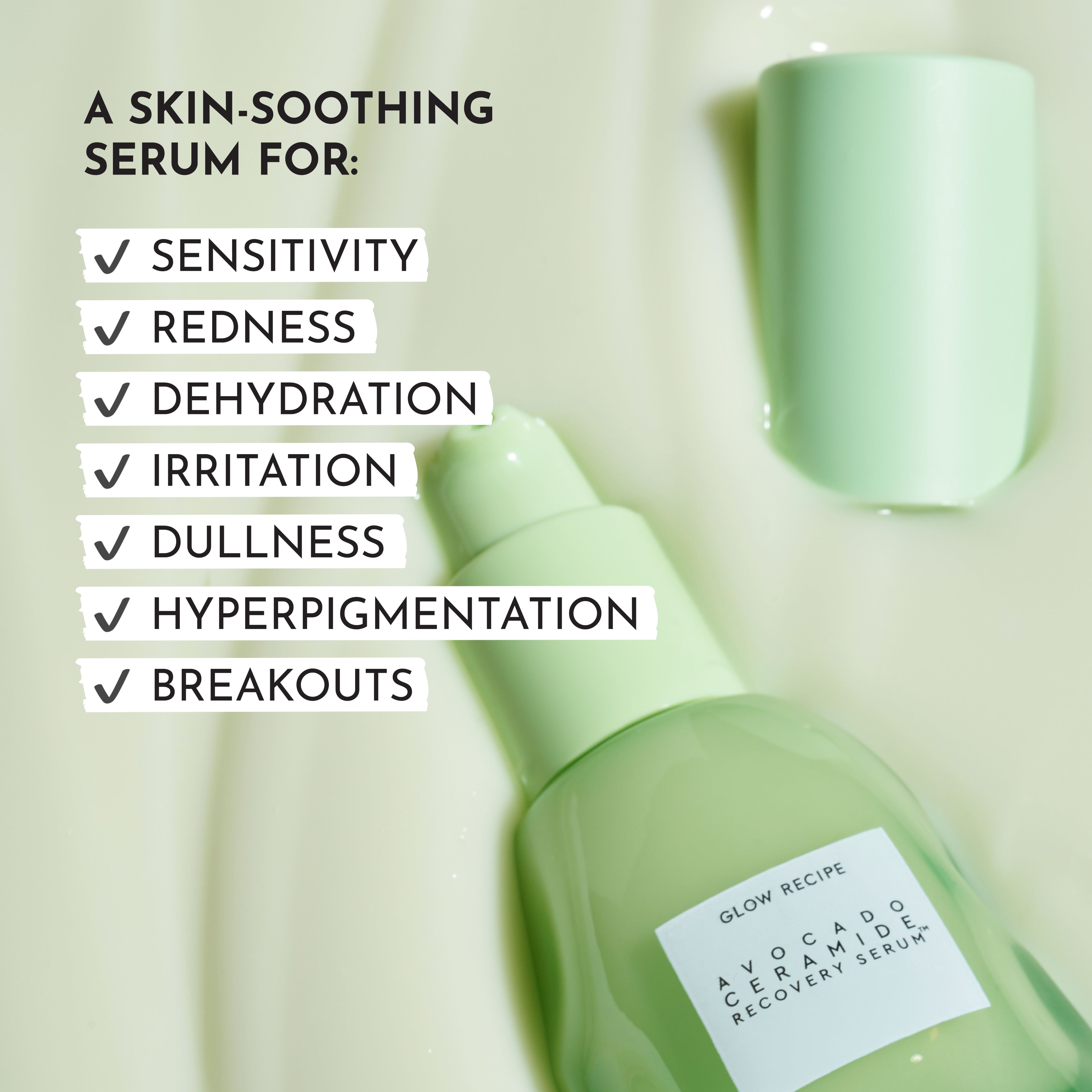 Infographic detailing key ingredients in Glow Recipe's Avocado Ceramide Recovery Serum, including avocado extract, ceramides, and rice milk.
