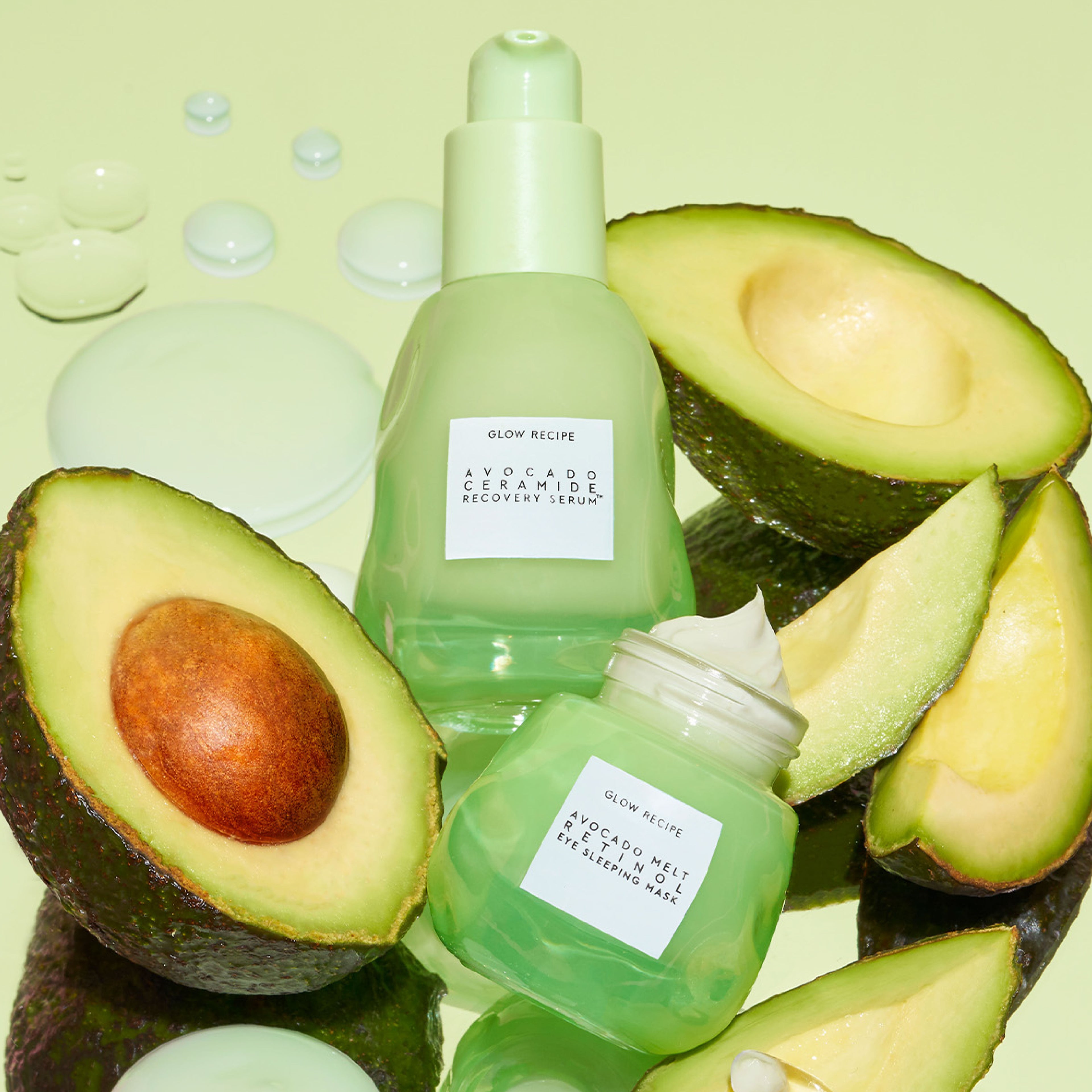 Close-up texture shot of Glow Recipe's Avocado Ceramide Recovery Serum's lightweight milky formula being pressed into skin.