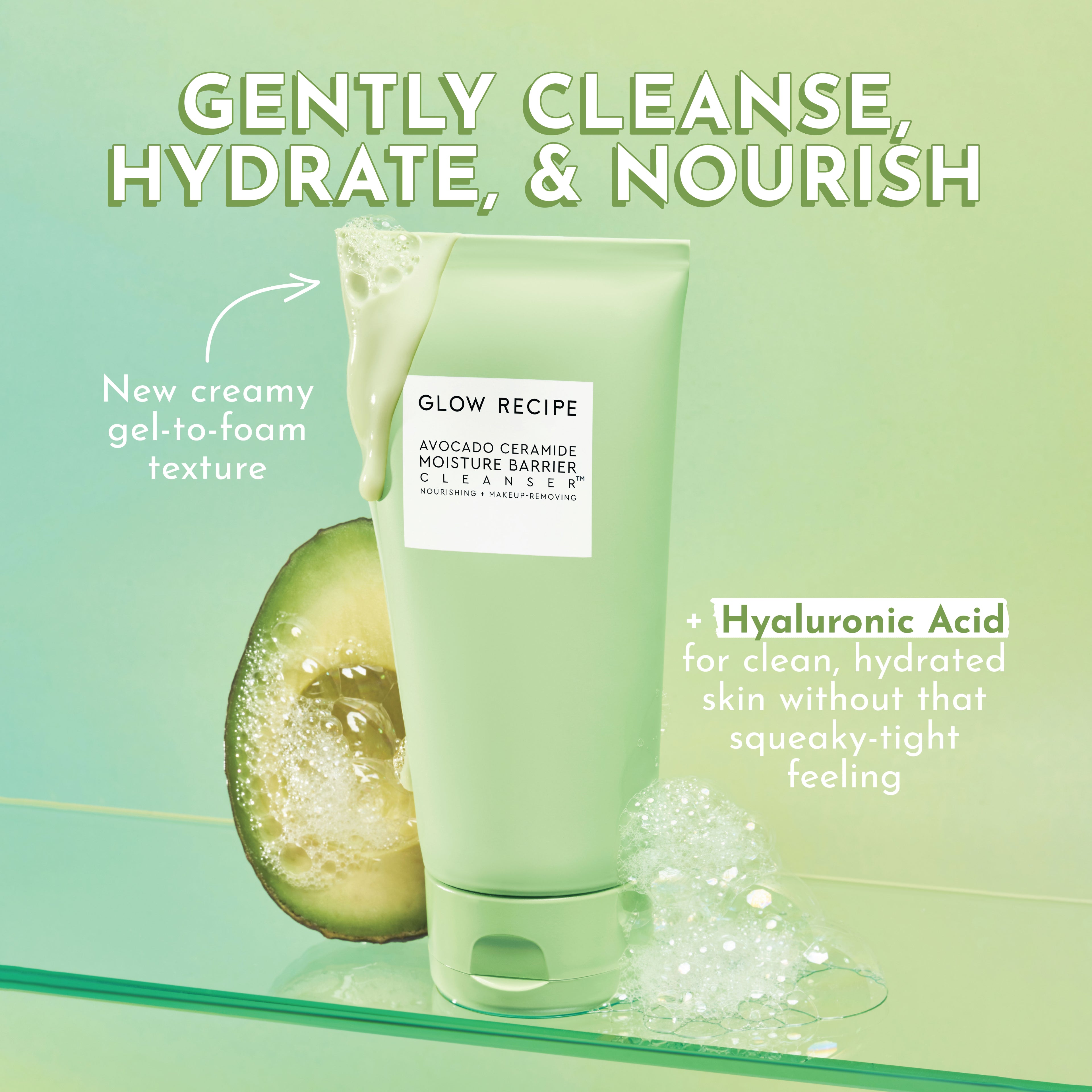 Glow Recipe Avocado Ceramide Moisture Barrier Cleanser shown with hyaluronic acid highlighted for gently melting away impurities.