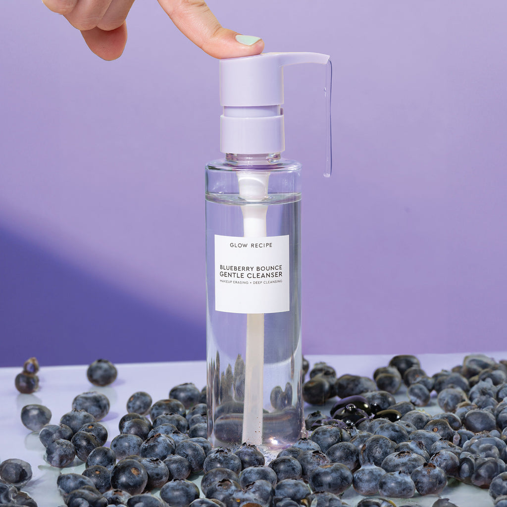 Glow Recipe Blueberry Bounce Gentle Cleanser bottle, bouncy 3-in-1 gel cleanser and makeup remover
