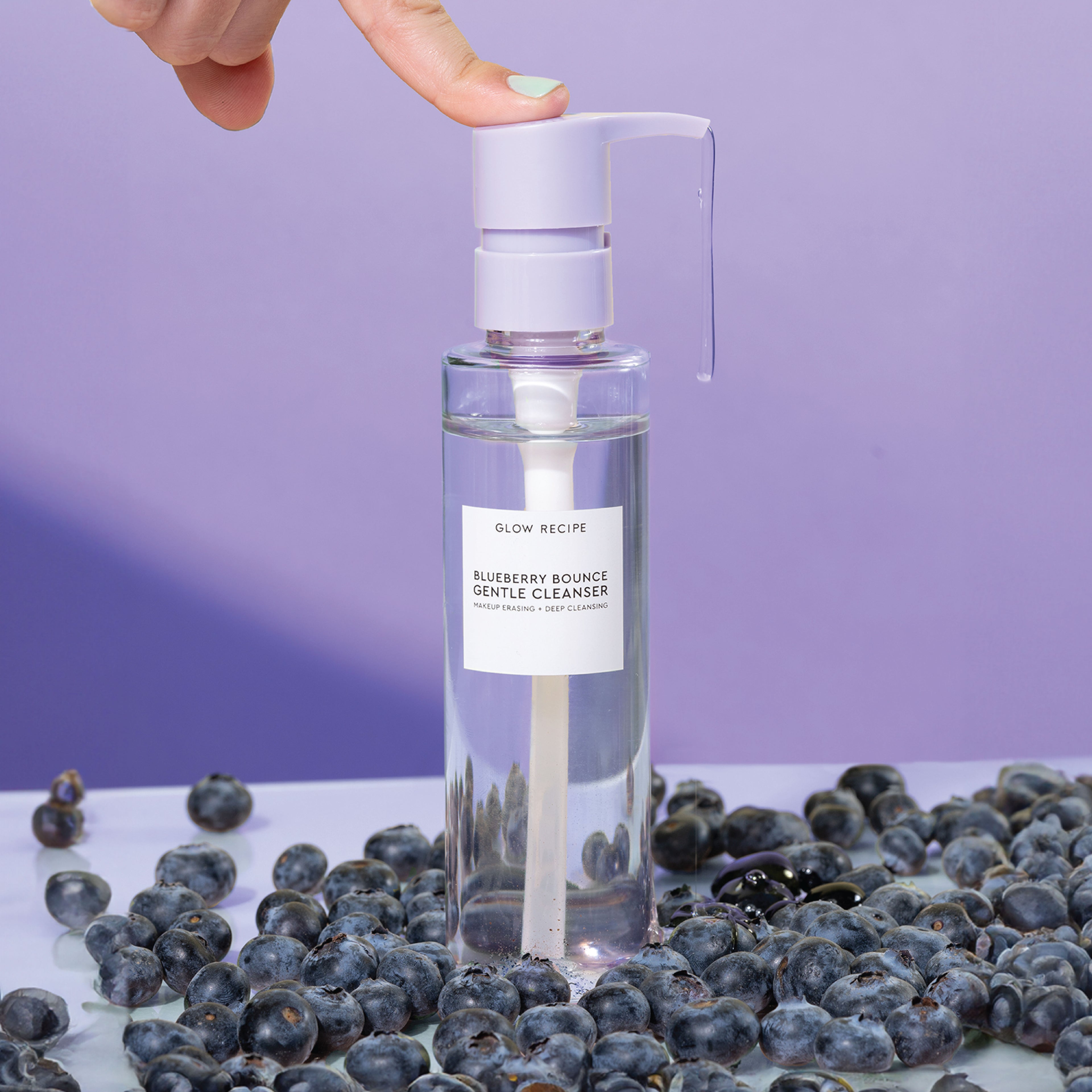 Glow Recipe Blueberry Bounce Gentle Cleanser bottle, bouncy 3-in-1 gel cleanser and makeup remover