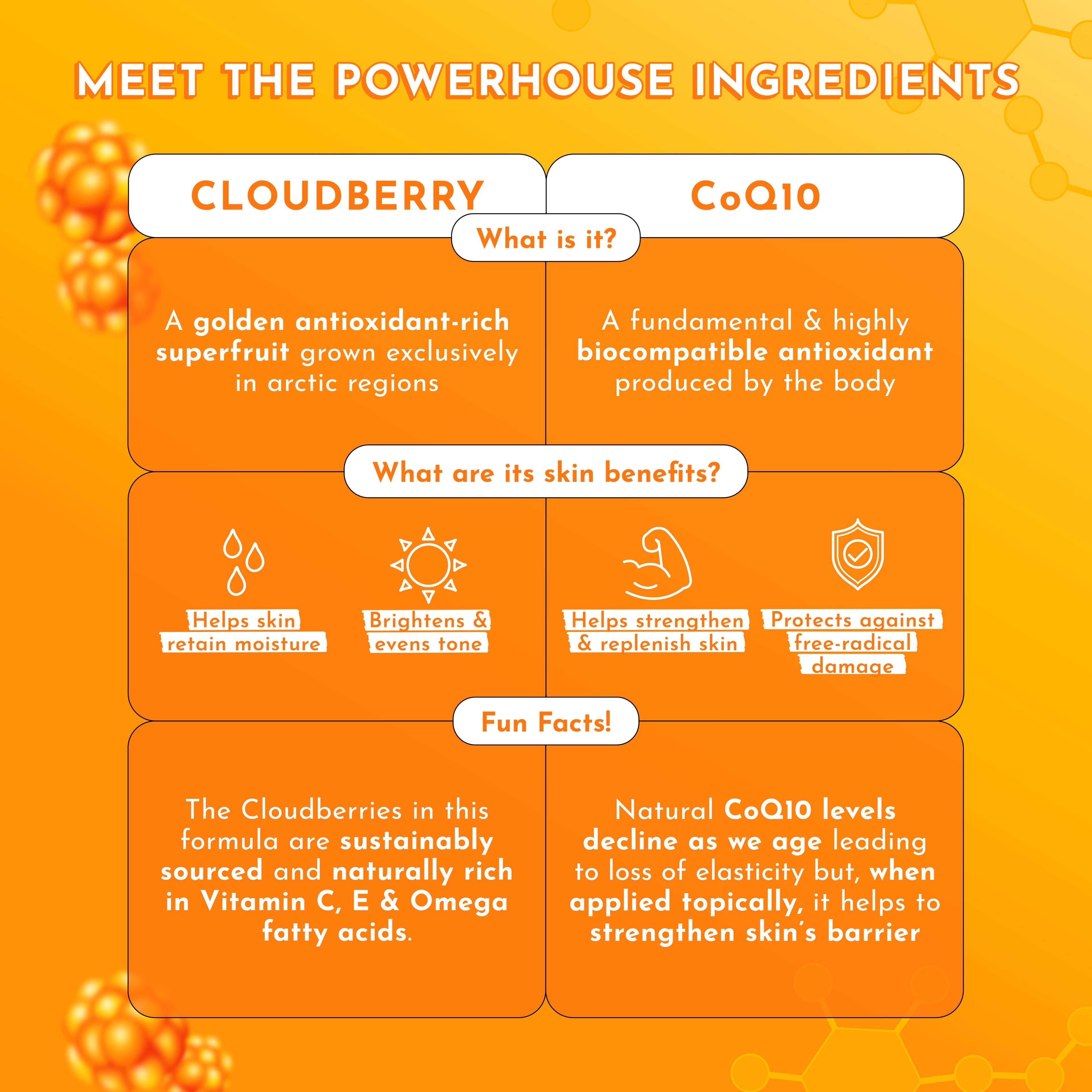 Full-Size (75ml) Cloudberry Bright Essence Toner infographic listing benefits like reduced hyperpigmentation and radiance.