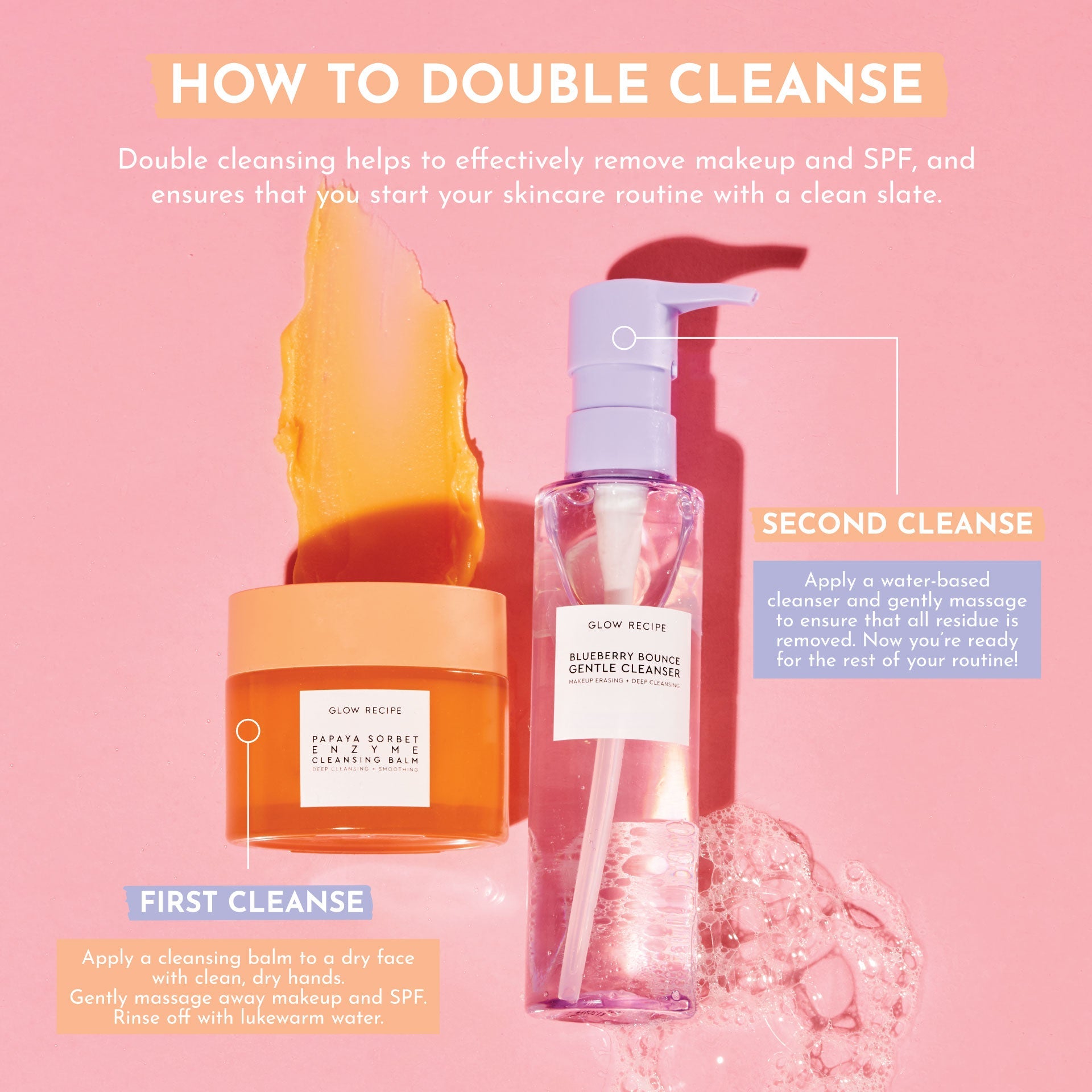 Photo of the Papaya Sorbet Cleansing Balm jar and Blueberry Bounce Cleanser bottle illustrating the double-cleanse steps.