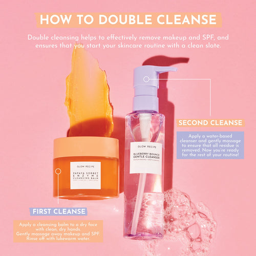 Photo of the Papaya Sorbet Cleansing Balm jar and Blueberry Bounce Cleanser bottle illustrating the double-cleanse steps.