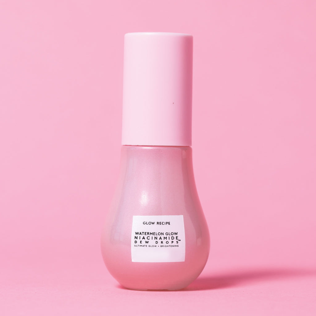 Watermelon Glow Niacinamide Dew Drops bottle with its white label, the brightening step in the Real Glass Skin Kit.