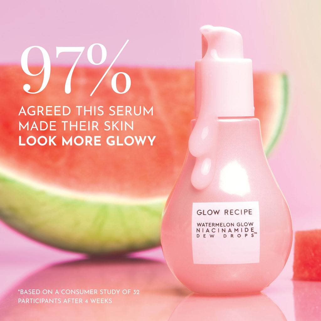 Glow Recipe Glass Skin Roll Bag Kit claim slide for the included Watermelon Glow Niacinamide Dew Drops serum