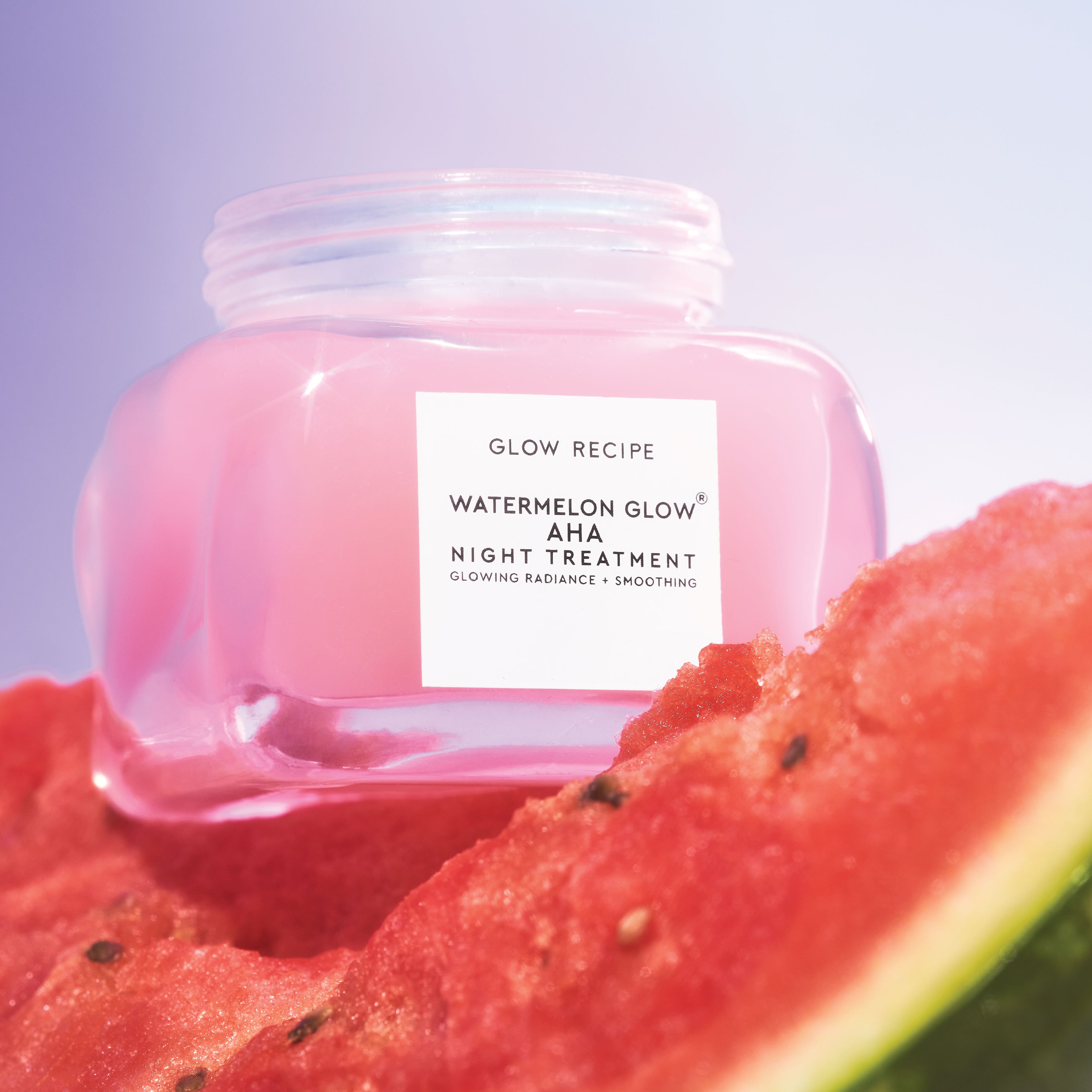 Infographic explaining how Glow Recipe's Watermelon Glow AHA Night Treatment exfoliates overnight without irritation.