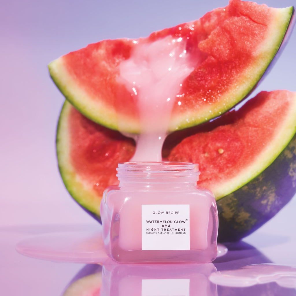 Infographic showing how Glow Recipe's Watermelon Glow AHA Night Treatment hydrates, brightens, and firms skin overnight.