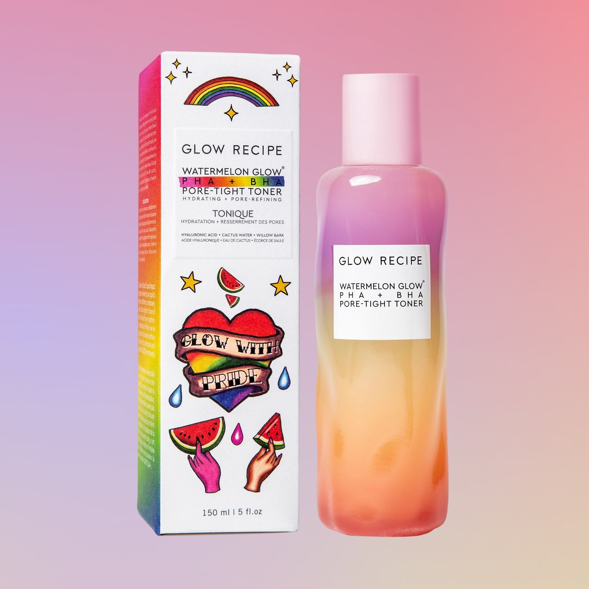 Pride Full-Size (150ml) bottle of Watermelon Glow PHA+BHA Pore-Tight Toner styled as the primary launch product photo.