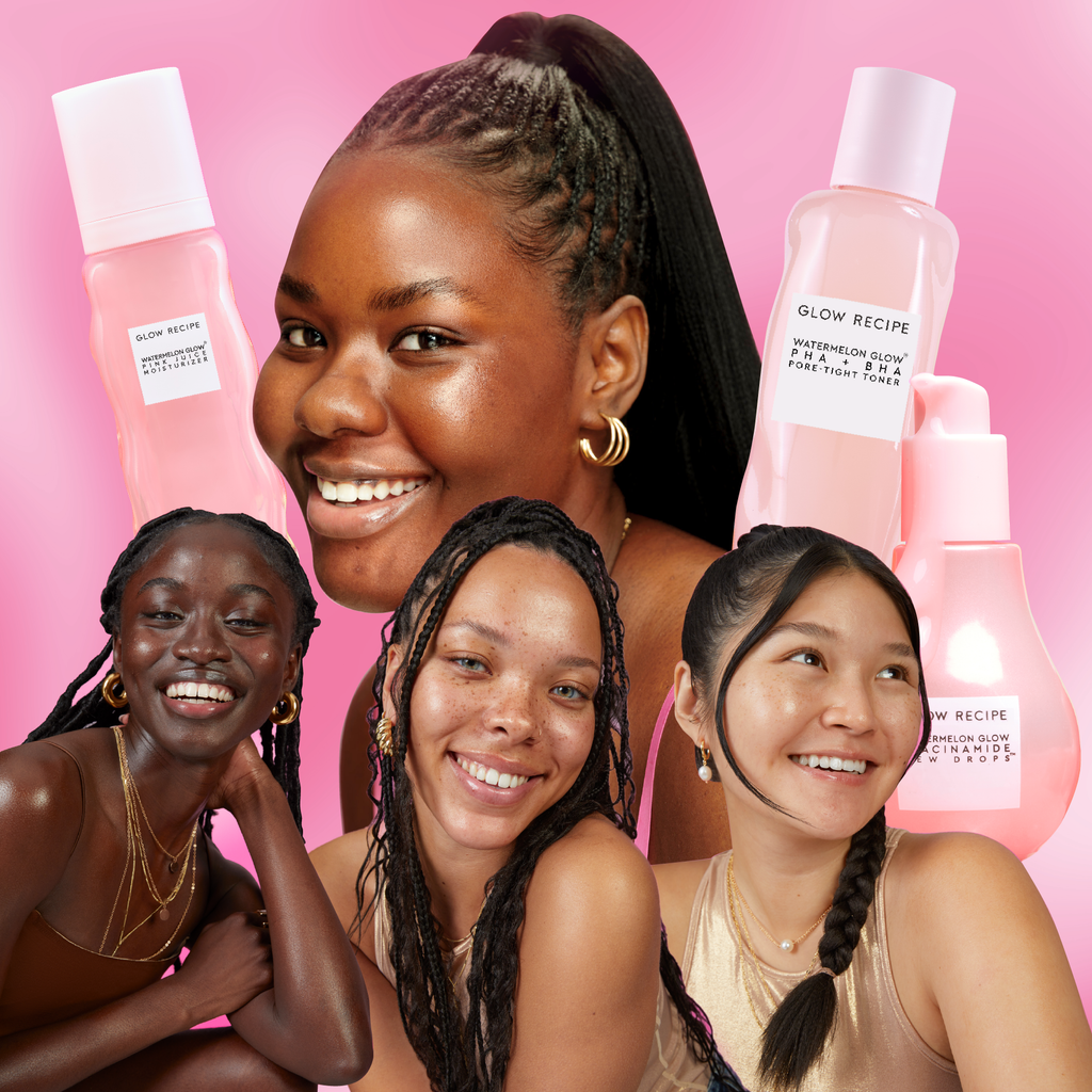 Glow Recipe Real Glass Skin Kit lineup showing the toner, Dew Drops serum, and Pink Juice moisturizer in this 3-step routine.