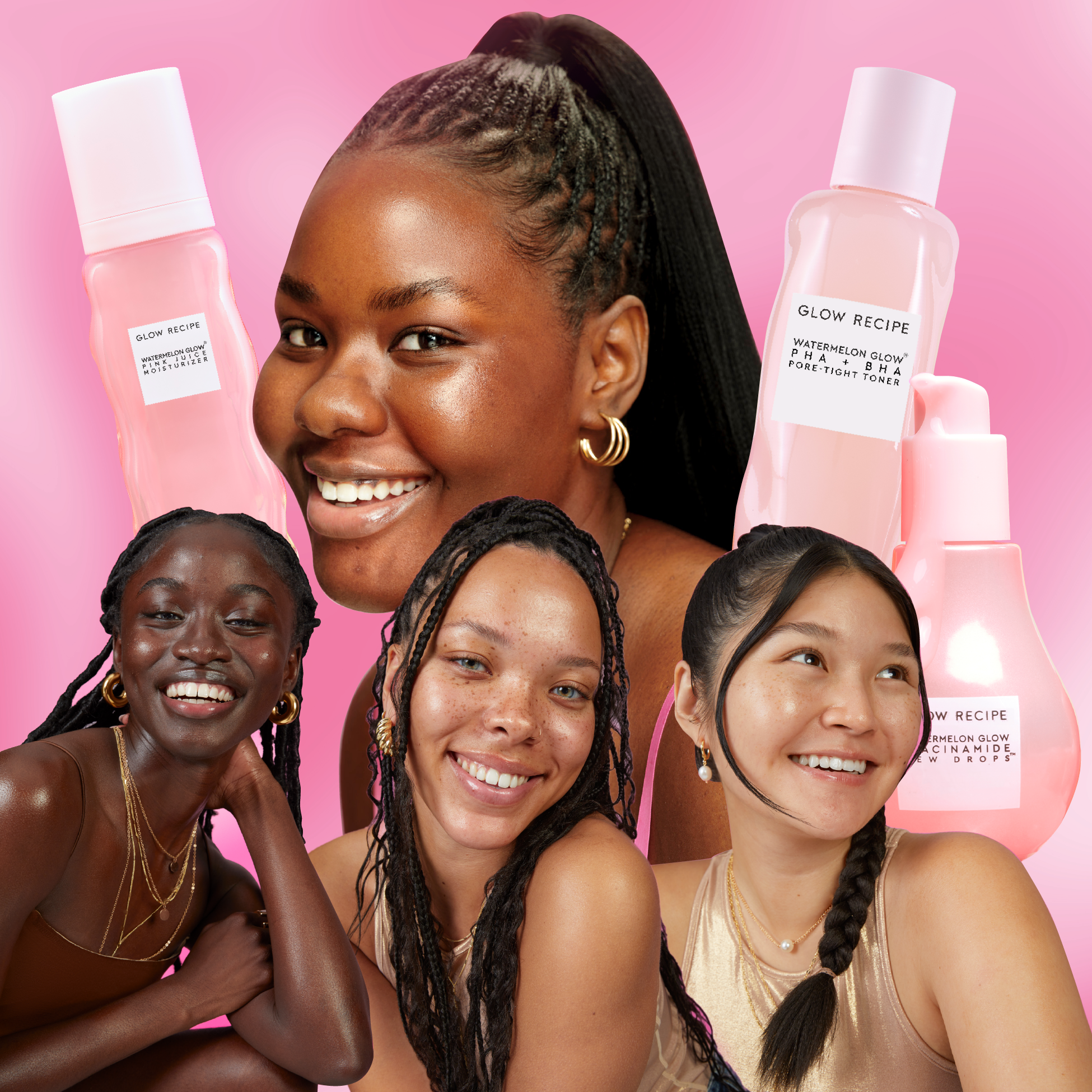 Glow Recipe Real Glass Skin Kit lineup showing the toner, Dew Drops serum, and Pink Juice moisturizer in this 3-step routine.