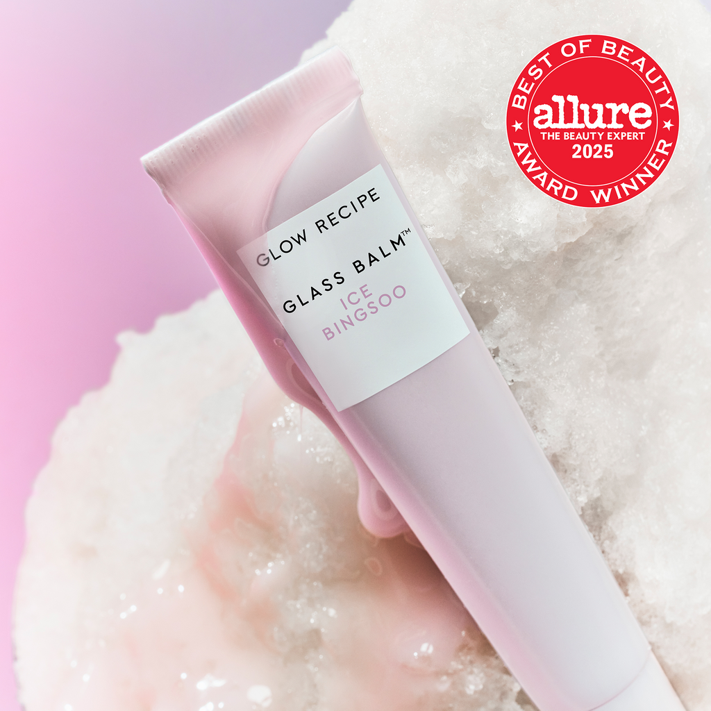 Allure Best of Beauty seal badge over the Glass Balm tube in Ice Bingsoo, the clear no-tint shade.