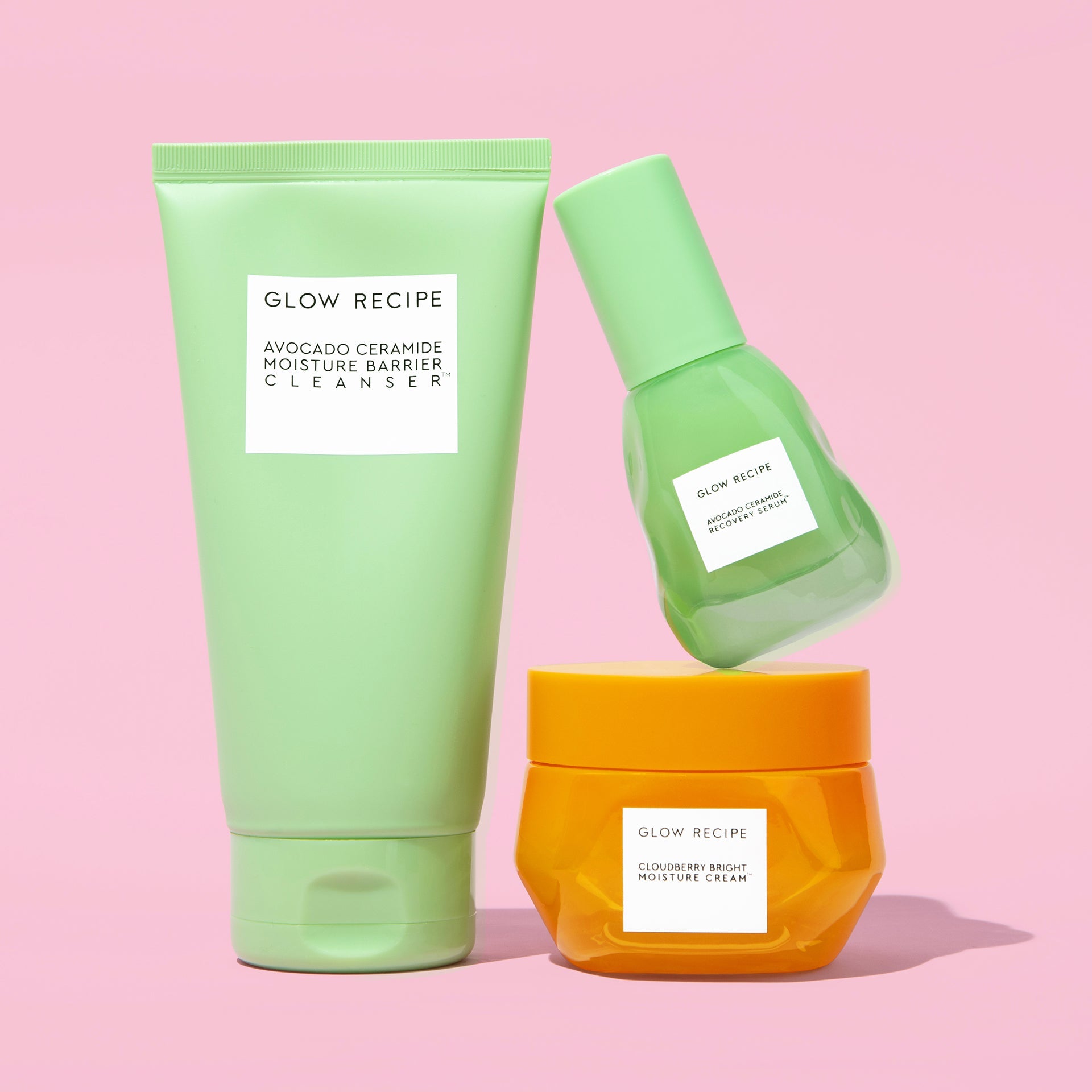 Glow Recipe Soothing Skin Essentials Kit with Avocado Ceramide Cleanser, Serum, and Cloudberry Bright Moisture Cream.