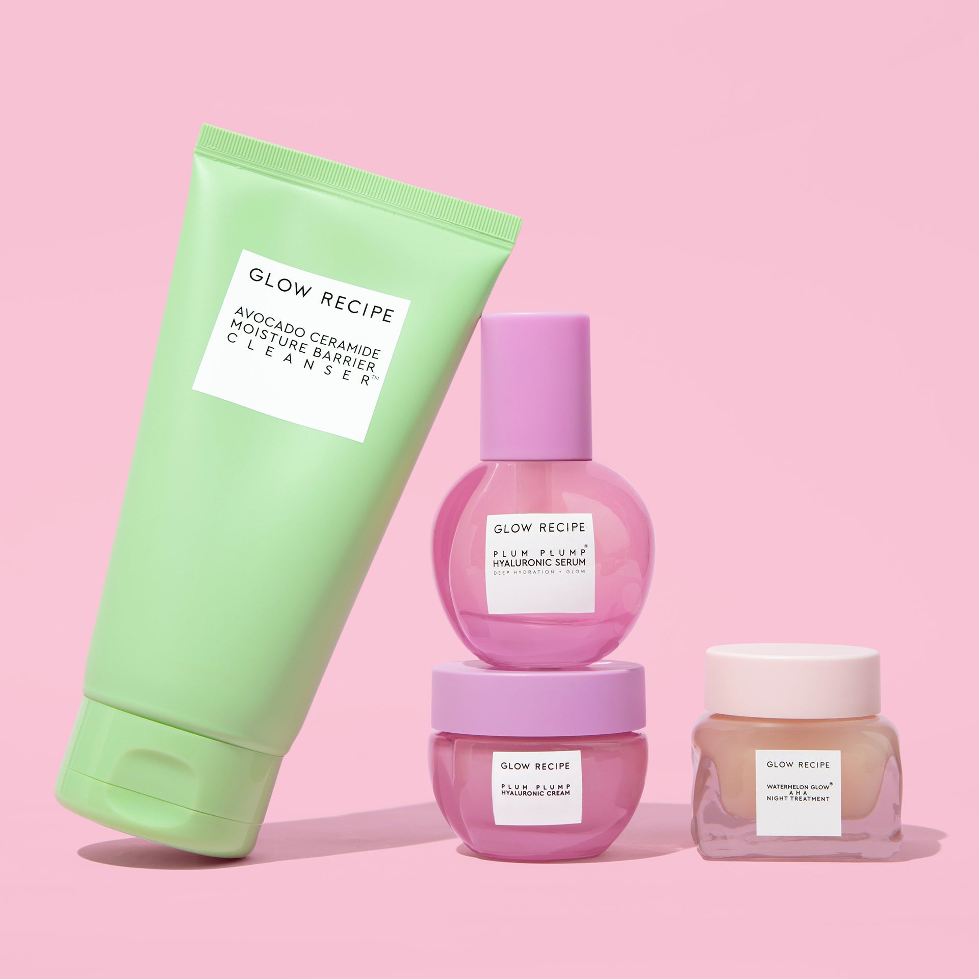 Four-piece Plump & Dewy Hydration Kit lineup featuring the avocado cleanser, plum serum, mini cream, and night treatment.