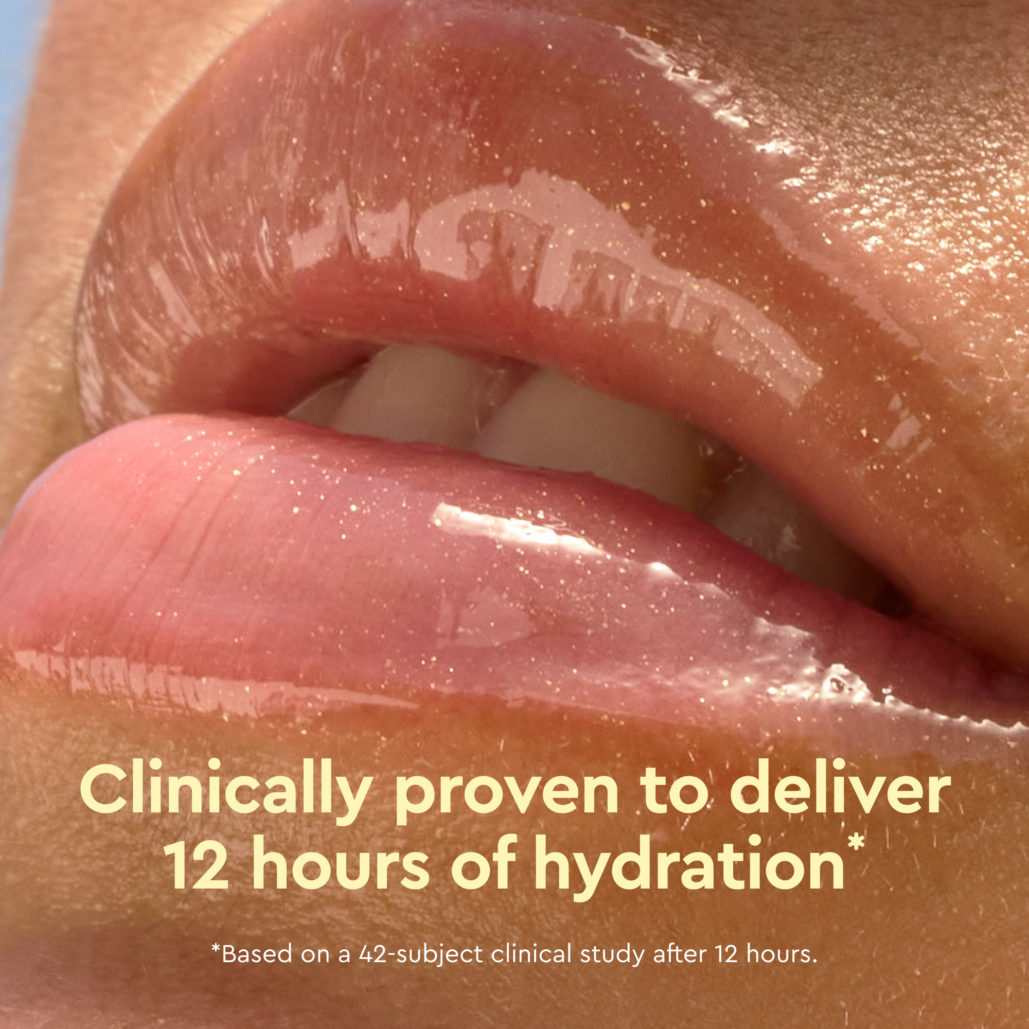 Close-up of lips with a glossy lip product, text indicating hydration benefits.