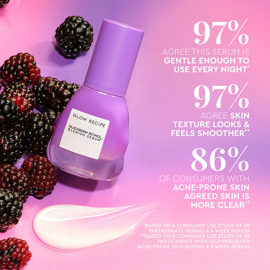 Infographic listing key claims for Glow Recipe Blackberry Retinol Blemish Serum, including clarified blemishes and fine lines.