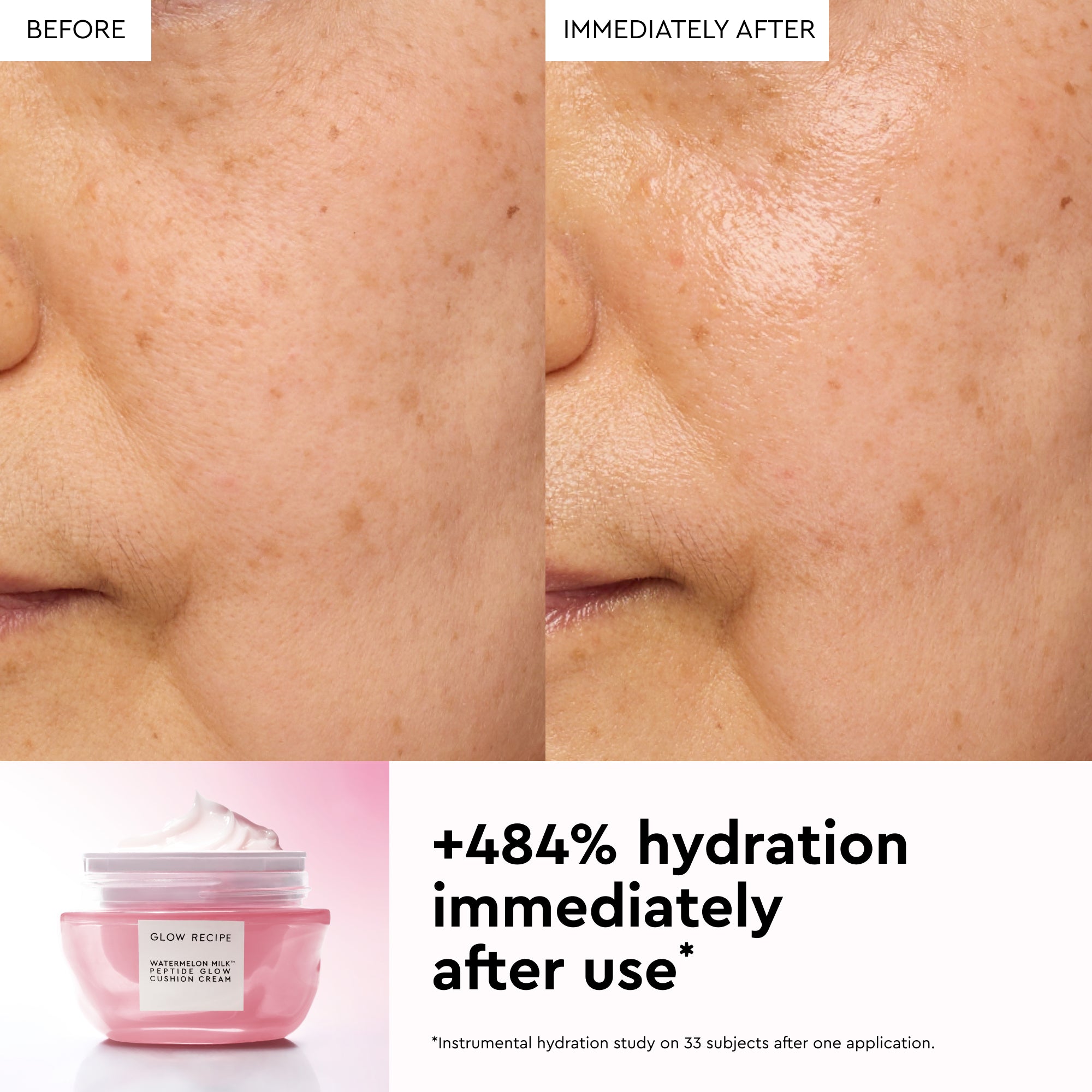 Glow Recipe Watermelon Milk Peptide Cushion Cream before-and-after slide demonstrating its weightless hydrating finish