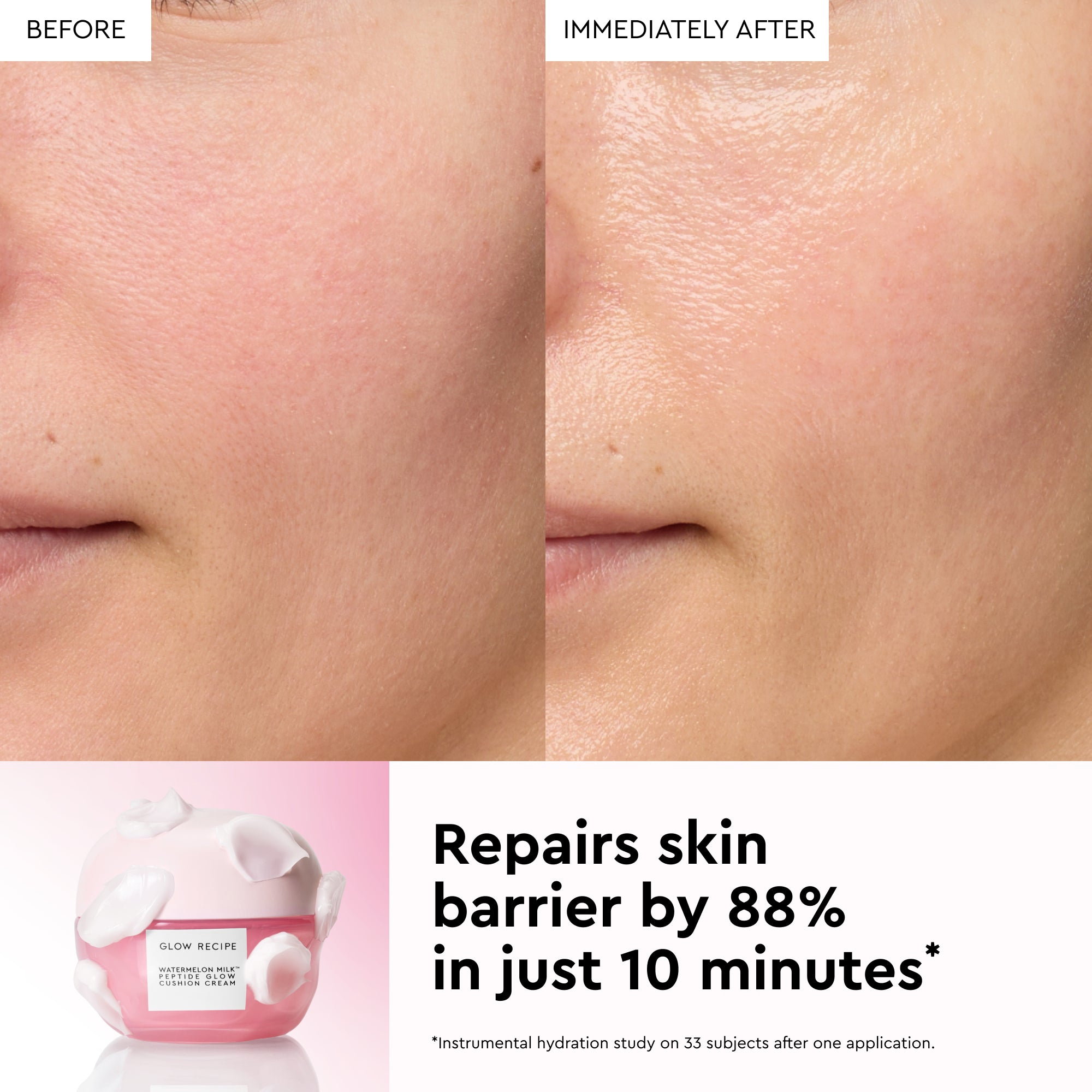Glow Recipe Watermelon Milk Peptide Cushion Cream before-and-after slide showing smoother, glowing skin results