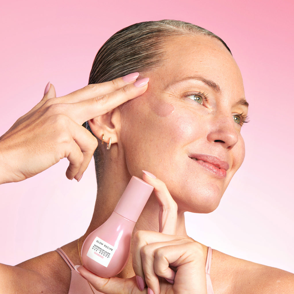 Lifestyle shot of Watermelon Glow Niacinamide Hue Drops, the award-winning tinted serum for a healthy, natural glow.