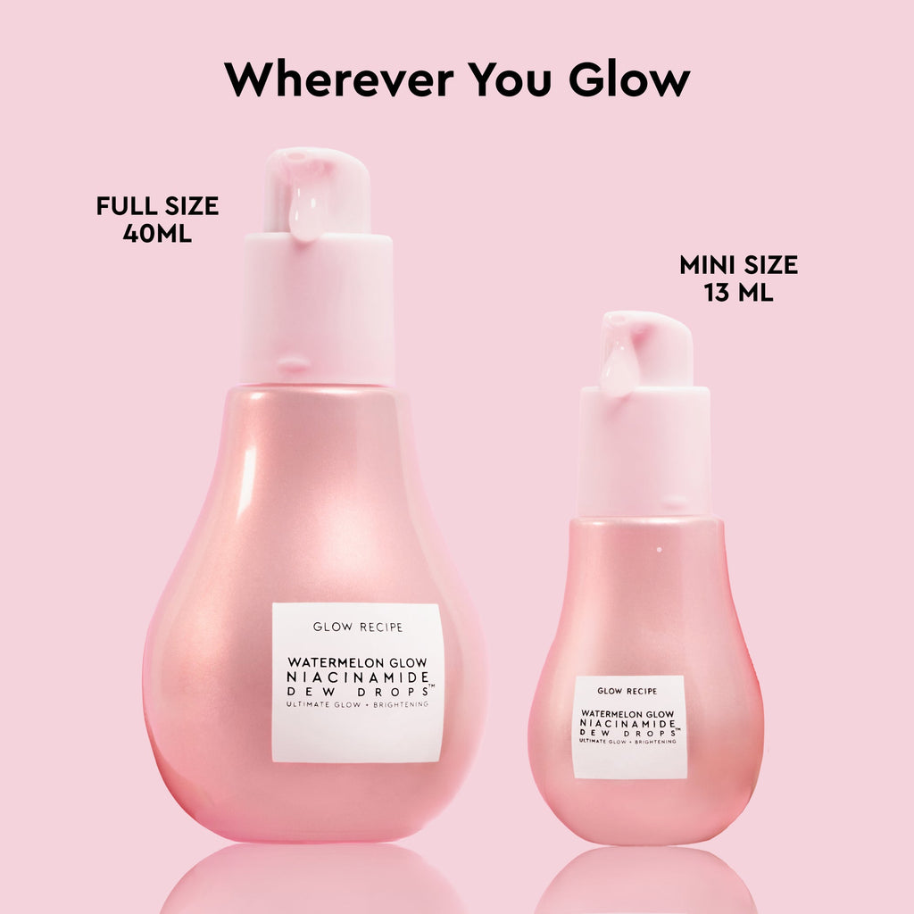 Glow Recipe Watermelon Glow Niacinamide Dew Drops infographic showcasing its GQ, Allure, and Marie Claire award wins.
