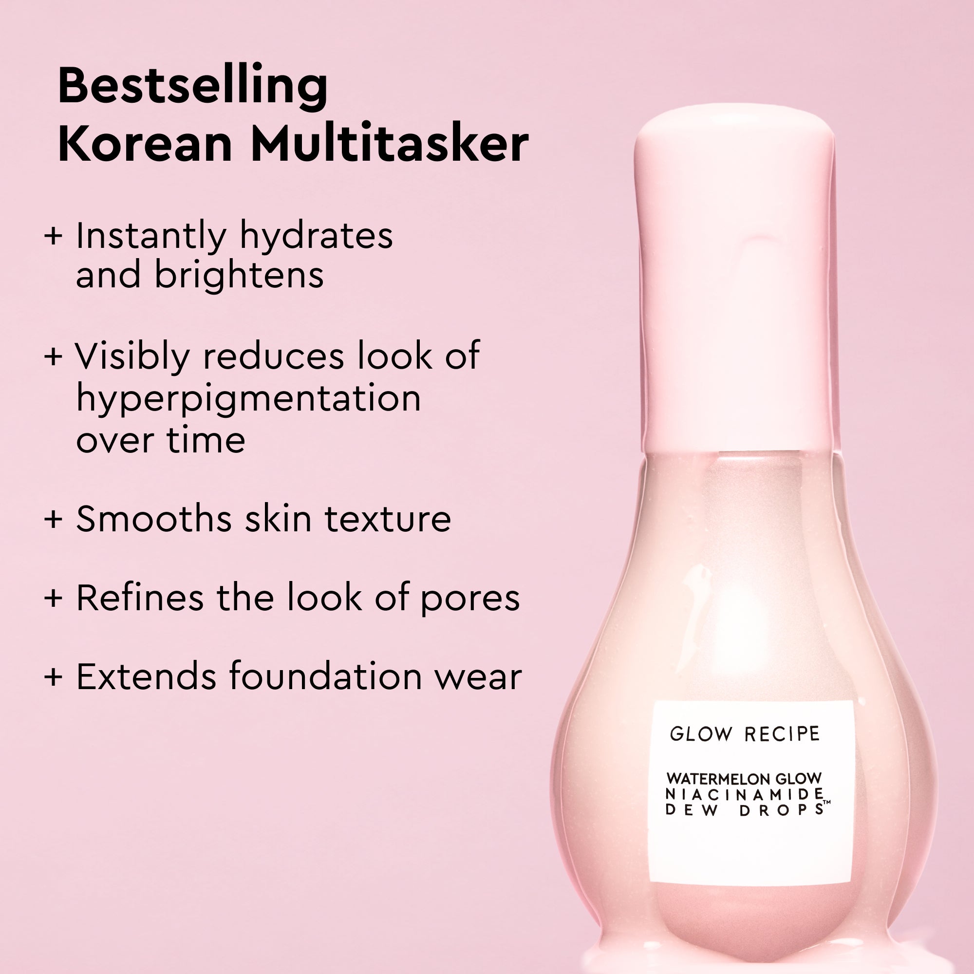 Glow Recipe Watermelon Glow Niacinamide Dew Drops infographic introducing its instant and long-term dewy glow benefits.