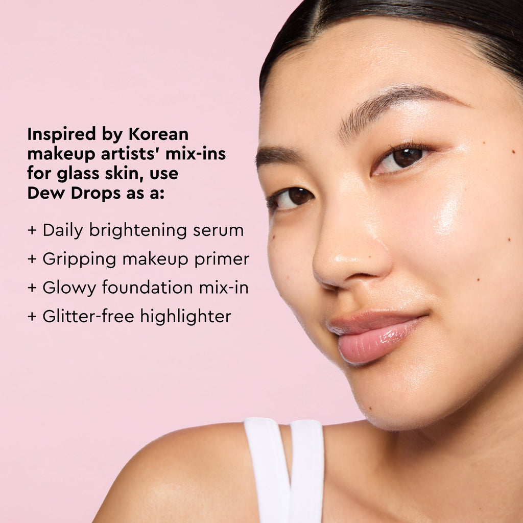 Glow Recipe Watermelon Glow Niacinamide Dew Drops infographic describing its lightweight, buildable, fast-absorbing texture.