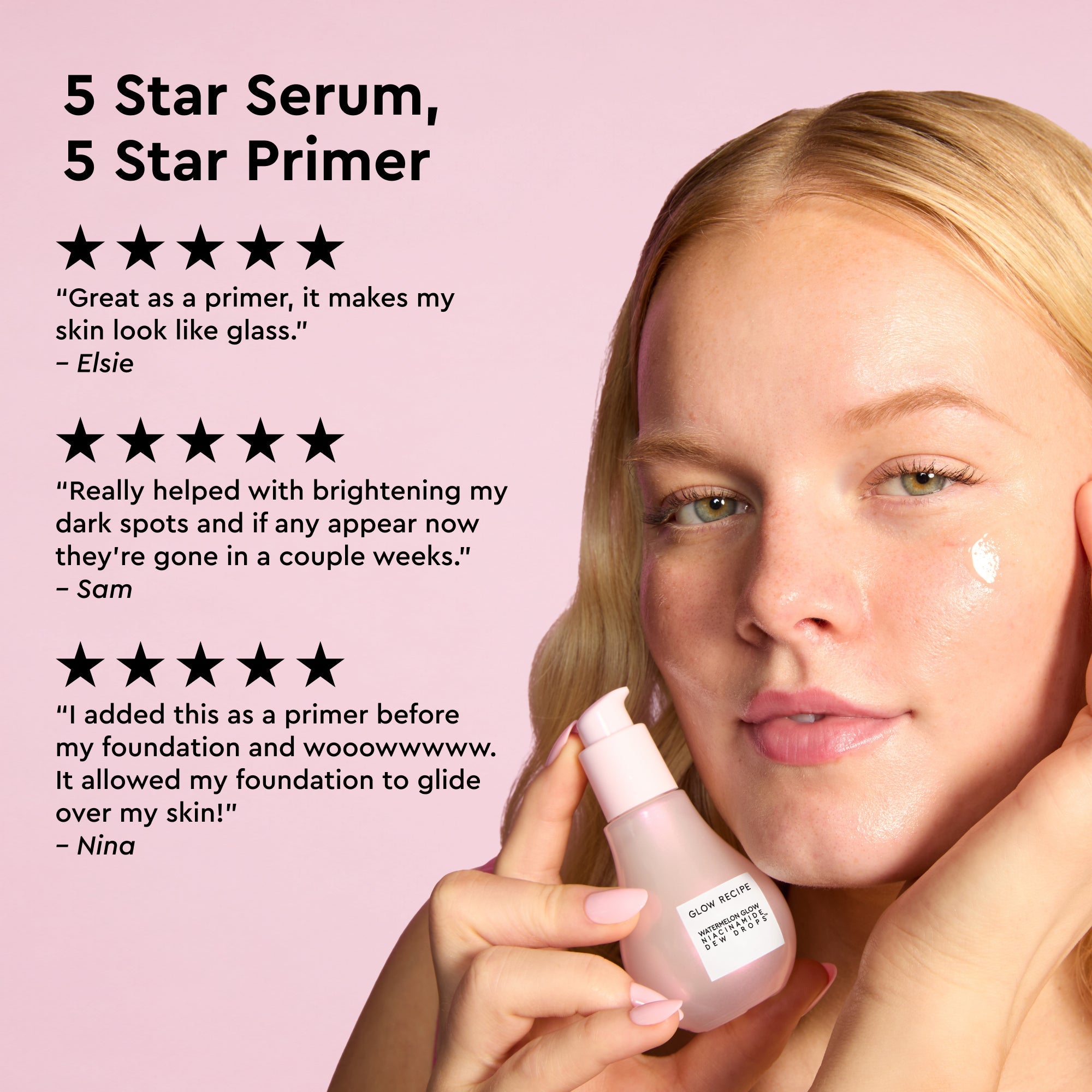 Glow Recipe Watermelon Glow Niacinamide Dew Drops infographic highlighting reduced hyperpigmentation without gray cast.