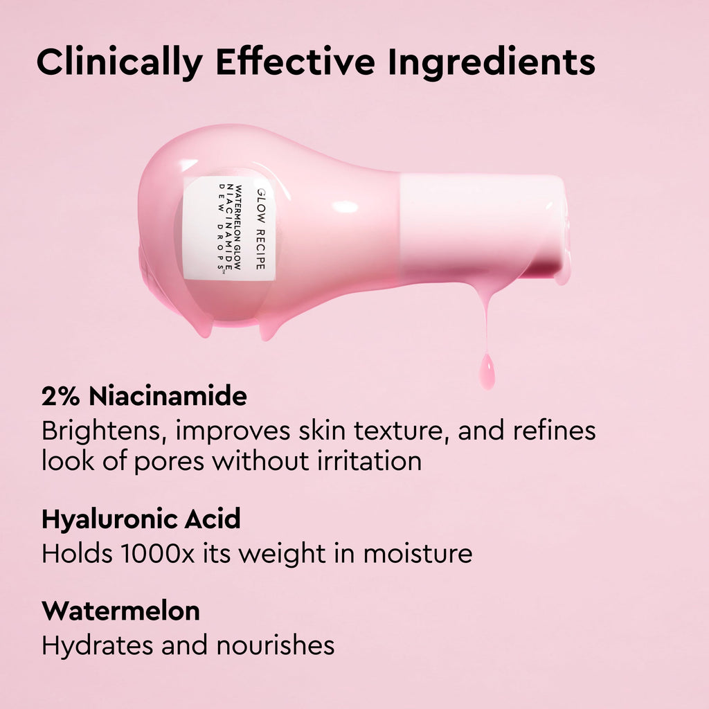 Glow Recipe Watermelon Glow Niacinamide Dew Drops infographic noting it is ophthalmologist-tested for safety.